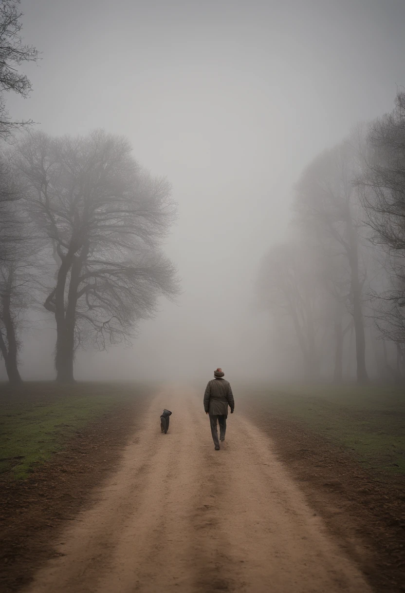 arafed person walking down a dirt road in the fog, walking away from the camera, walking away from camera, fog mads berg, standing in road, fading into the distance, fading off into the distance, by Karl Buesgen, walking away, by Alexis Grimou, by Christen Dalsgaard, standing bravely on the road, lonely human walking