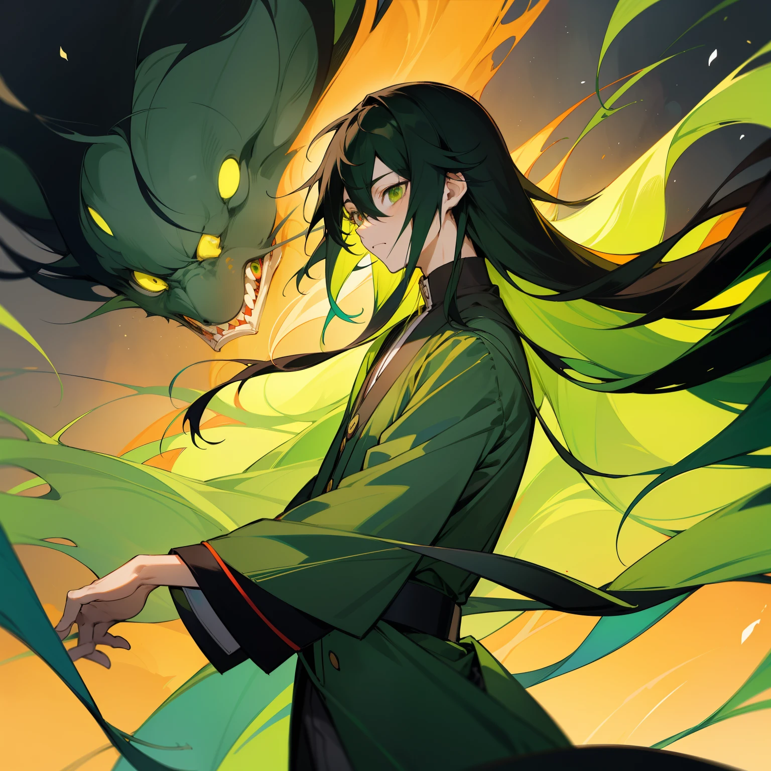 Mythological elements，Epic background，10-year-old boy，Long dark green hair，Traditional Chinese costumes，Undead elements，King of the Bones。