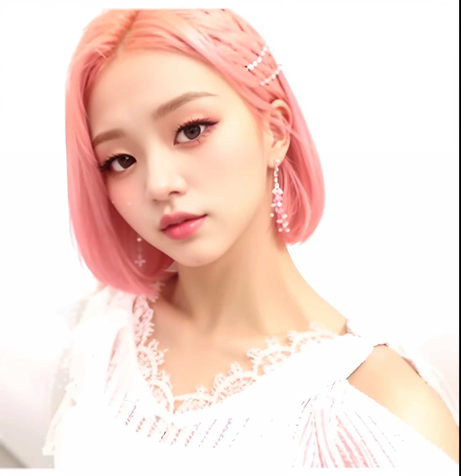 Arafe girl with pink hair and white top posing for photo, With pink hair, roseanne park of blackpink, jossi of blackpink, pink straight hair, sun yunjoo, Flowing pink hair, Pink hair, portrait of jossi of blackpink, pink wispy hair, Her hair is white, ((Pink)), cute girl with short pink hair