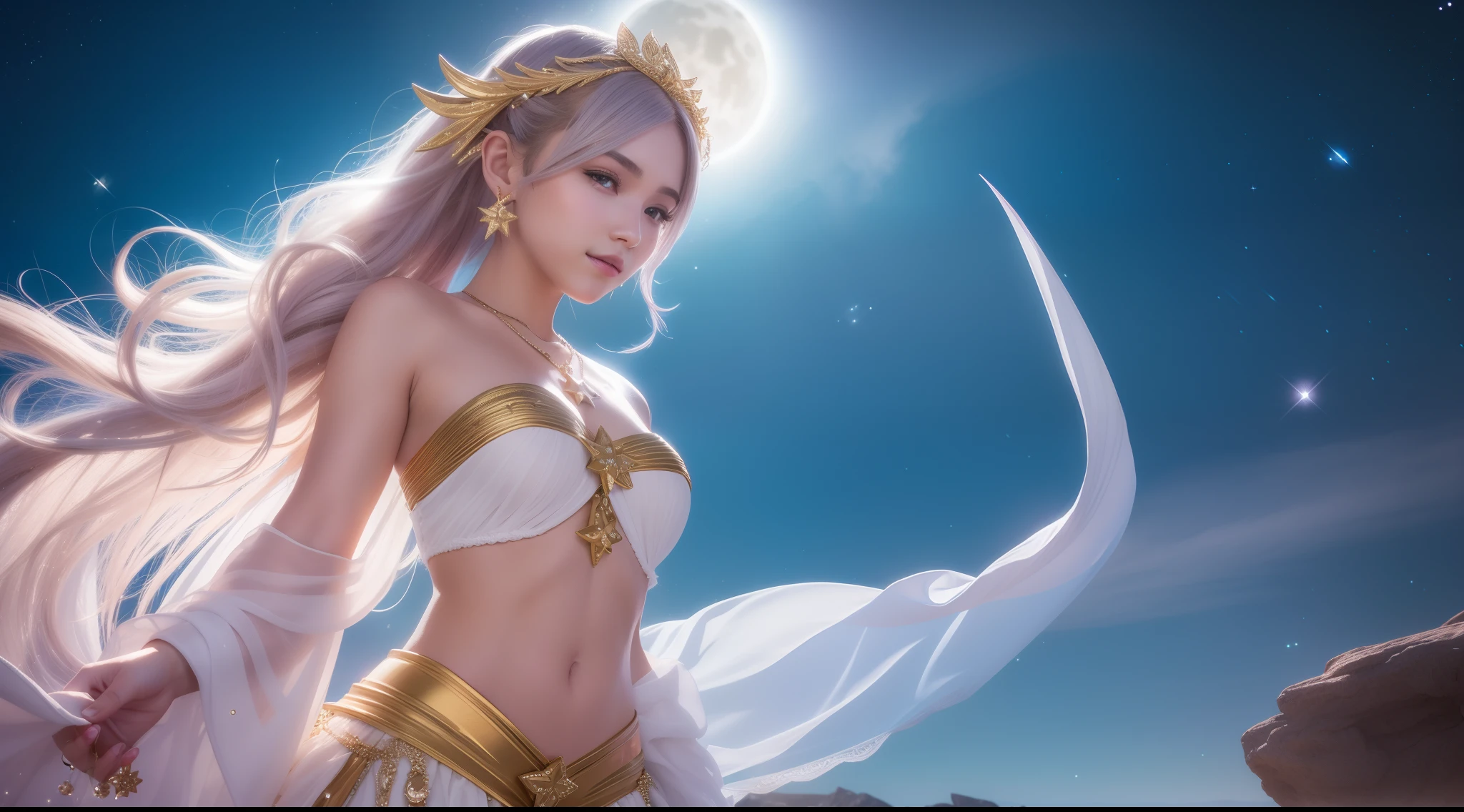 girl, Solo, Dressed like a goddess, Floating hair, Medium Hair, Star hair ornament, Crescent Earrings, lightsmile, shores, Rock, masutepiece, Super Detail, High quality, awardwinning, hight resolution, 8K