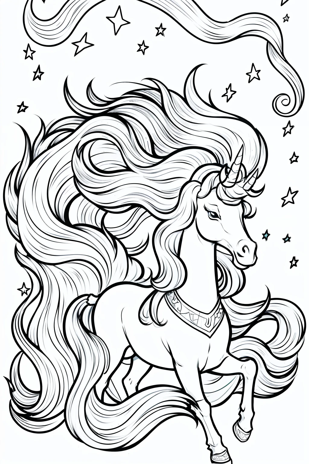 Coloring book of a unicorn, estilo cartoon, linhas grossas, sem cor, fundo branco, dashes only