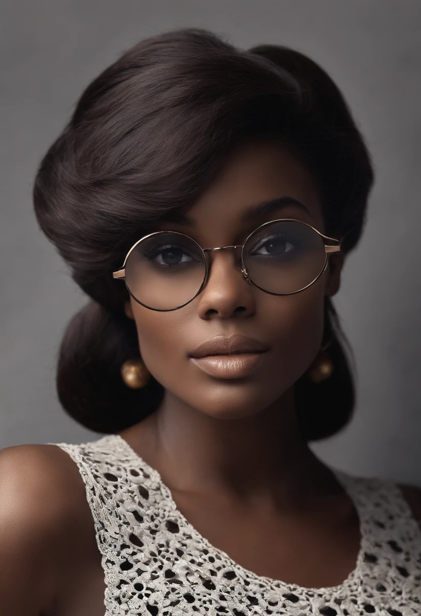 Une jolie fille aux cheveux noirs et aux grands, Yeux bruns de Bambi. Its silhouette is curved, Les 3/4 photos alluding to his perky B cups. She is in her early twenties. Chemisier sans issue blanche, and stylish door, Lunettes intemporelles.