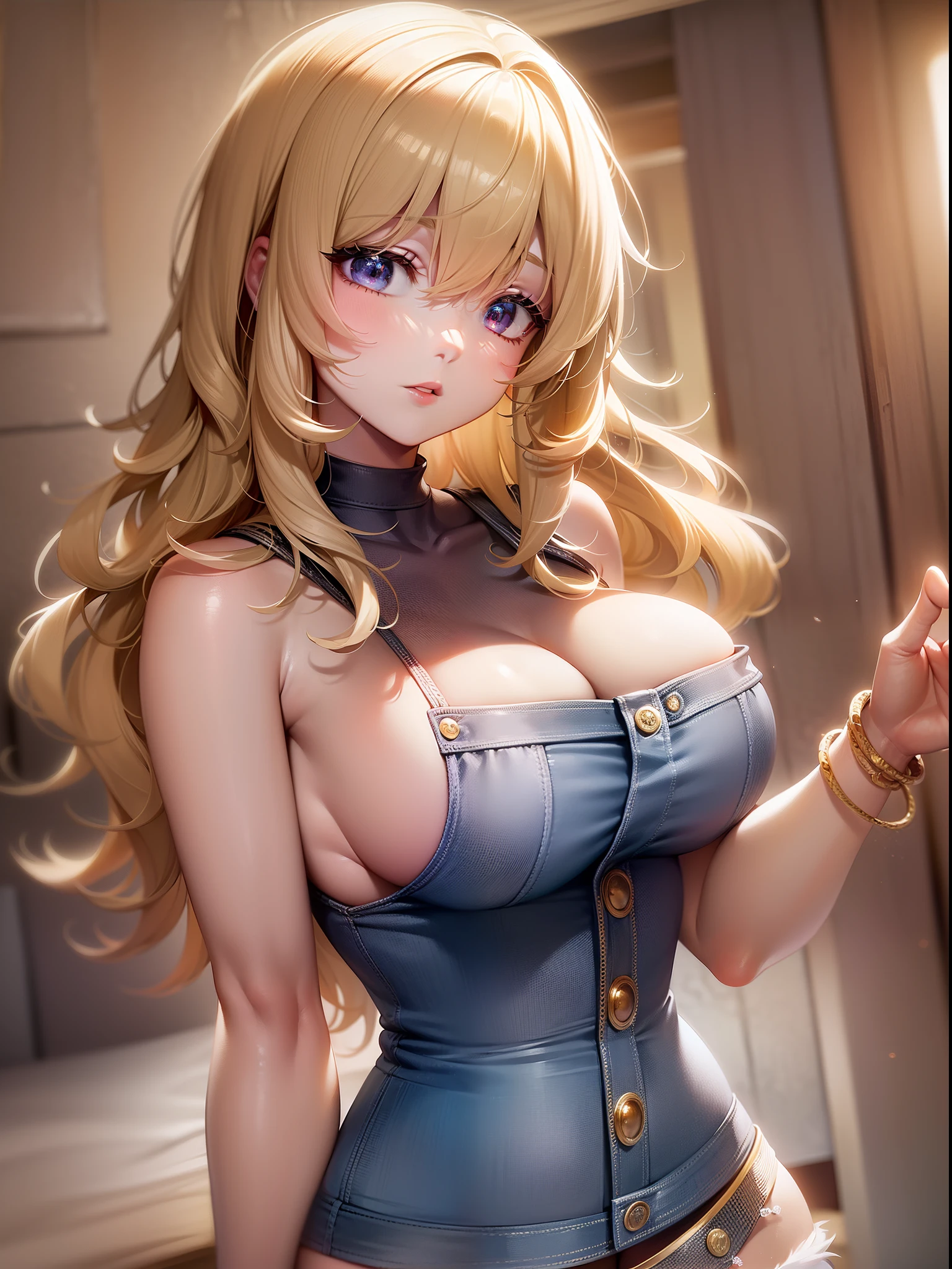 (Highly detailed CG Unity 8k wallpaper, masterpiece, top quality)　(hands of perfect proportions with one thumb and four fingers) (adult American woman wearing nude denim vest) (wavy shiny blonde semi-short) Toned body Detailed depiction Cleavage Detailed depiction Toned abdomen Glossy skin Beautiful body line