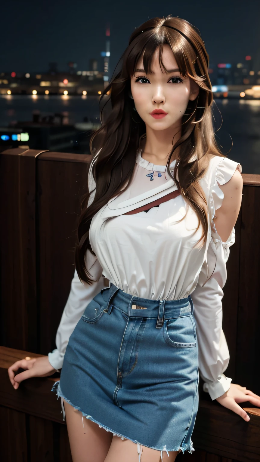 ((Midnight, Best quality, 8k, Masterpiece :1.3)), Whole body, Long legs, Sharp focus :1.2, A pretty woman with perfect figure :1.4, Slender abs :1.1, ((Dark brown hair, Big breasts :1.2)), (White tight tshirt, Jean bib, Standing:1.2), ((Night city view, Rooftop:1.3)), Highly detailed face and skin texture, Detailed eyes, Double eyelid