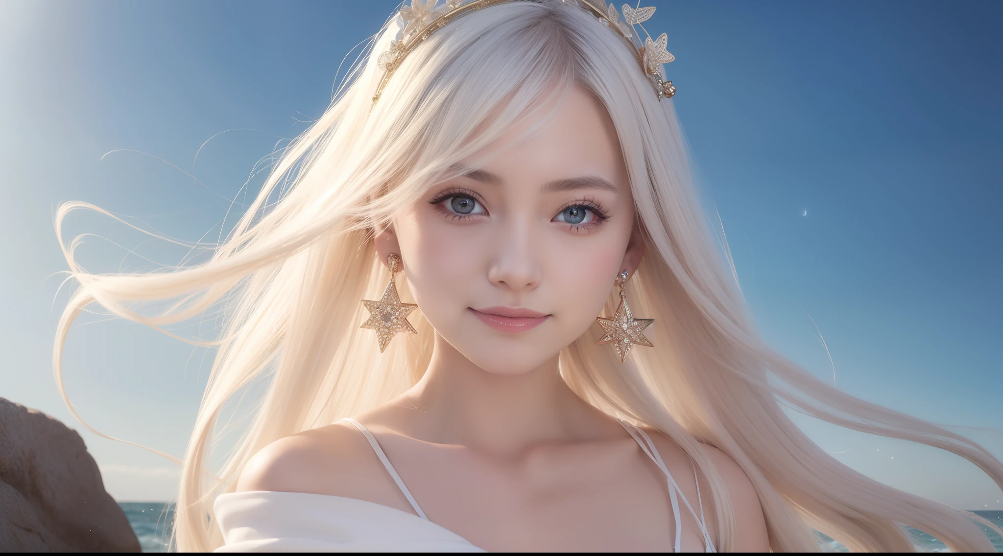 girl, Solo, Dressed like a goddess, white robes, Floating hair, Medium Hair, Star hair ornament, Crescent Earrings, a smile, Mouth closed, shores, Rock, masutepiece, Super Detail, High quality, awardwinning, hight resolution, 8K