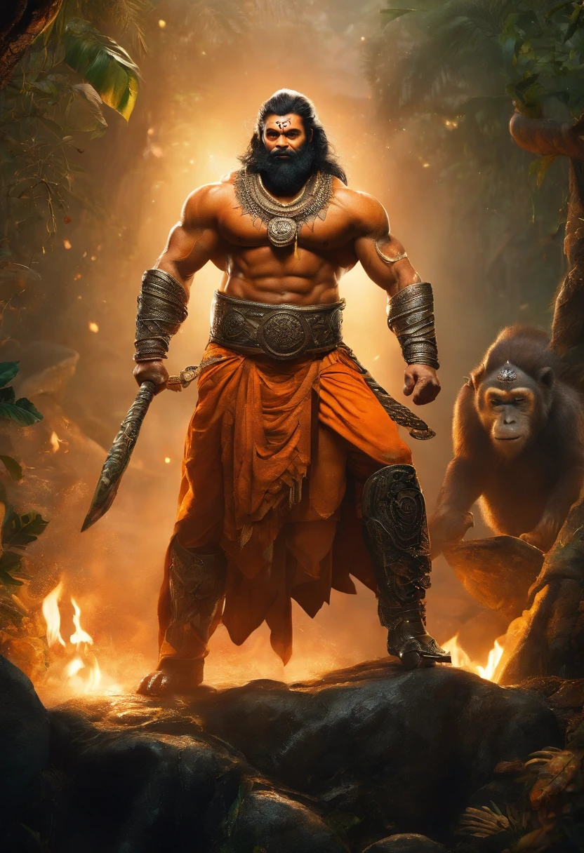 LORD HANUMAN ,a 35 years old man who has a face of a monkey, has a long tail as a monkey, proper eyes, proper hands, proper legs, An Indian god, Lord Hanuman, face of a monkey , moderate stature, has a big tail, waterfall in the background, sunset, sunkissed skin, strongly built, broad-chested, narrow-waisted, and long-armed, big gada in his hand, in a dark forest (Professional 3D rendering:1.3) by (Realistic:1.3) World's most beautiful art picture, Features soft, dark complexation male heroes , hindu god, indian god, ((Epic hindu god , lord Hanuman, fantasy rough muscular man wet hero angry look long hair long slightly white beard and fierce expression in dynamic pose, wearing a orange robe, inside a jungle, burning lights in the background, majestic environment)), full body 8k unit render, action shot, skin pores, very dark lighting, heavy shading, detailed, Detailed face, (vibrant, photorealistic, Realistic , Dramatic, Dark, sharp focus, 8k), (orange cloths with heavy jewelry r:1.4), (intricate:1.4), decayed, (highly detailed:1.4), painting digital, rendering by octane, art stations, Concept-Art, smooth, sharp focus, illustration, germ of art, (Loish:0.23), Wlop Ilya Kuvshinov, and Greg Rutkowski and Alphonse Mucha Gracias, (global illumination, studiolight, Light Volumetric ), heavy rain, floating particles, scoundrel, fantasy, Eleven, full bodyesbian, ((Dark jungle background:1.3)),CGSesociedade,art stations