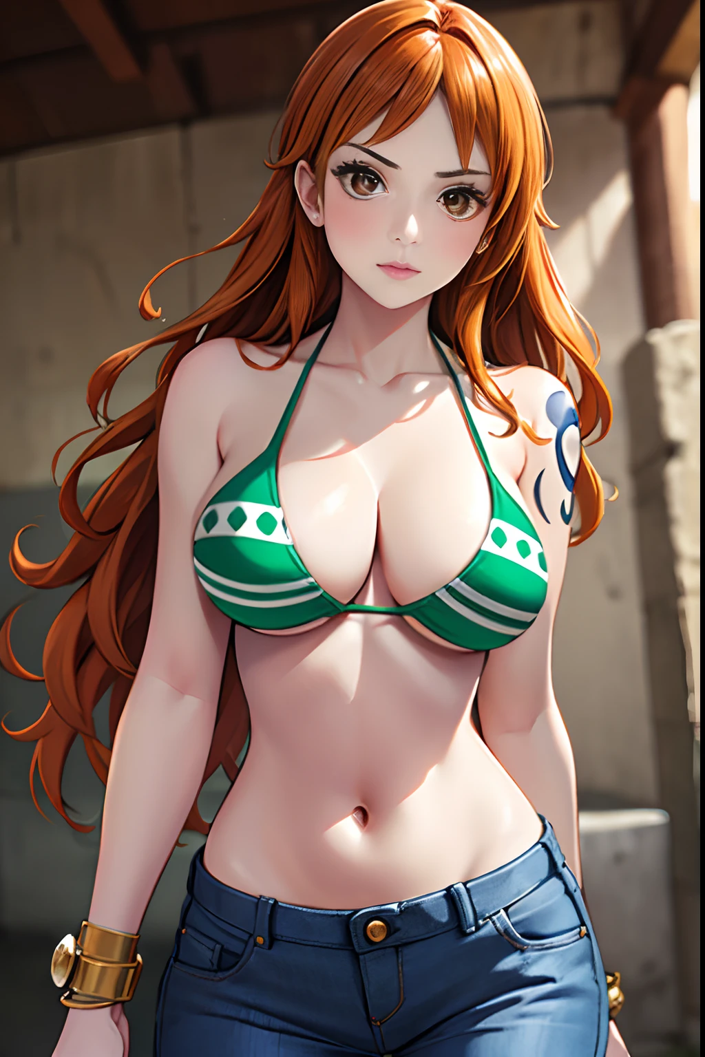 (((masterpiece+best quality+high resolution+ultra-detailed))), 1girl with clima-tact, Nami sharp tough looking to the right, long silky orange hair, high nose, sharp eyes, noble and inviolable temperament, (([female]: 1.2 + [beauty]: 1.2 + orange long hair: 1.2)), no background just white, gold bracelets, revealing green and white bikini halter top, tight low-rider jeans, shoulder tattoo, bright eyes, dynamic angle and posture.