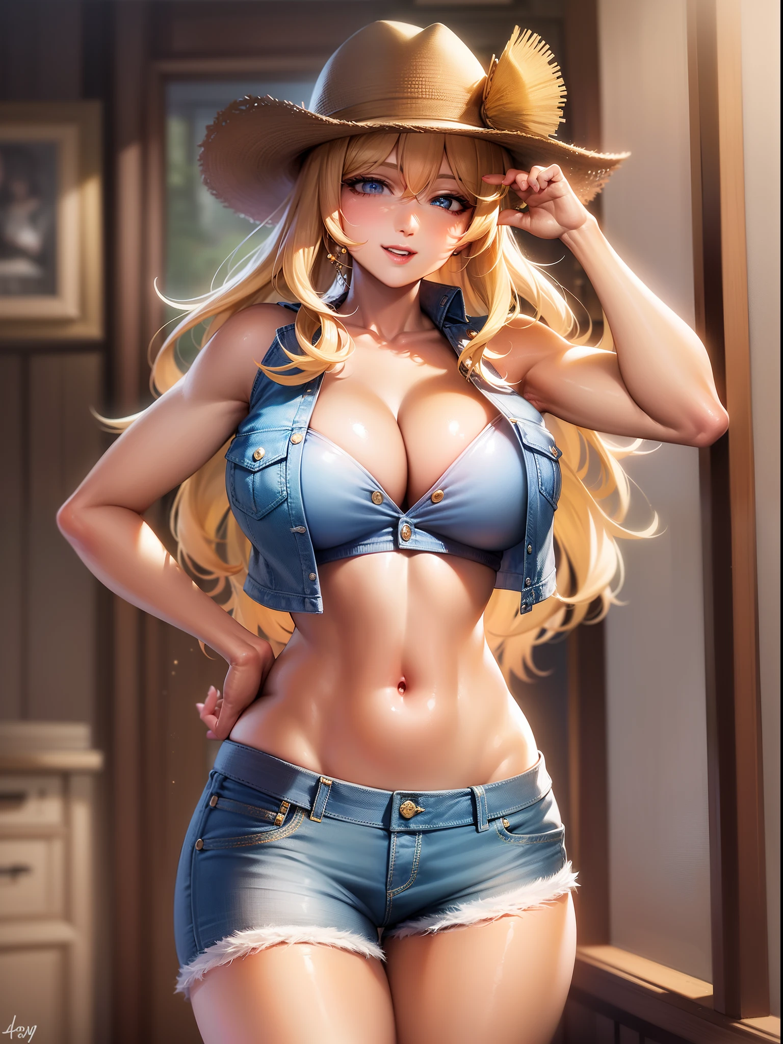 (Highly detailed CG Unity 8k wallpaper, masterpiece, top quality) (hands of perfect proportions with one thumb and four fingers) (adult American cowgirl woman in nude denim vest) (wavy shiny blonde semi-short) Toned body Detailed depiction Cleavage Detailed depiction Toned abdomen Lustrous skin Beautiful body line Confident look Smile Western tavern