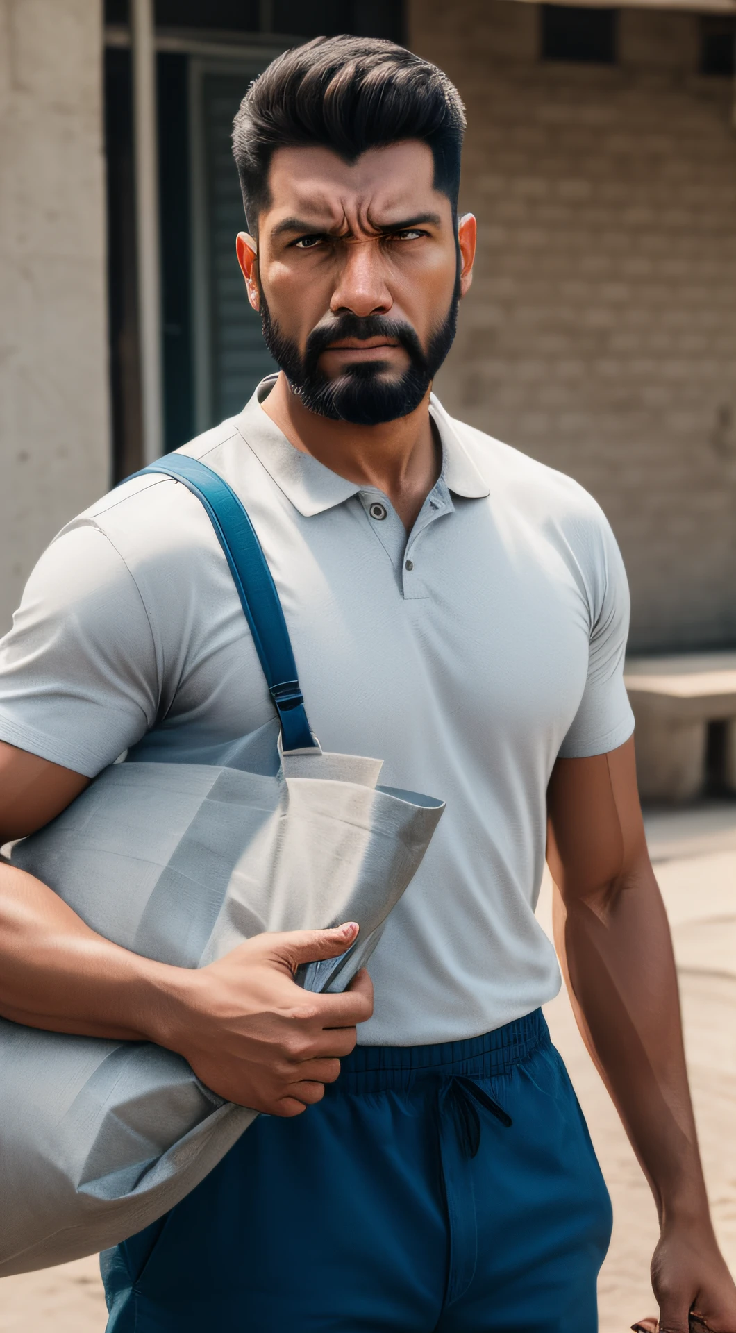 Angry man holding a bag of cement looking at the camera
