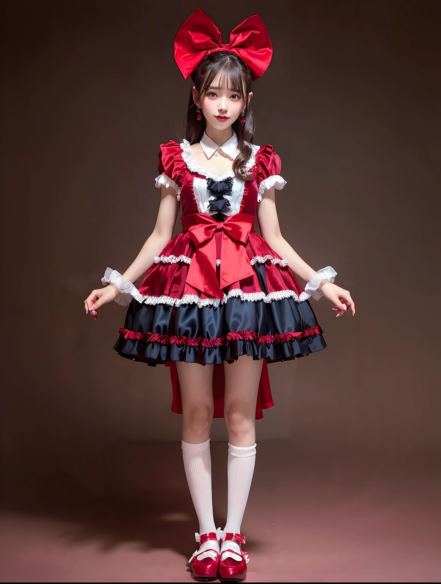 Arafe girl in red satin dress and bow tie, rococo ruffles dress, angelic pretty, frilly outfit, rococo dress, high quality costume, Lolita style, style of magical girl, Lolita Fashion, fantasy outfit, Belle Delphine, fantasy dress, Costumes with red accents, Light red, Ice red dress, maid dress, loli in dress
