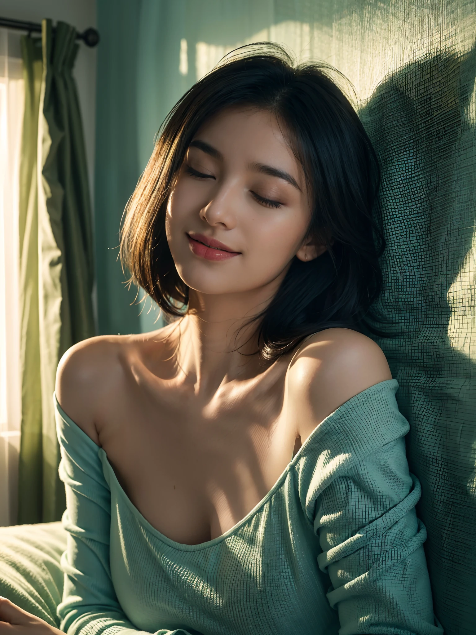 (shoulder-length straighthair: 1.2), Black hair,Upper body, （Extremely meticulous CG 8k wallpaper），（Extremely refined and beautiful），（Masterpiece），（best qualtiy：1.0），（Ultra High Resolution：1.0），beautiful light up，Perfect lightning，realistic shaded，[A high resolution]，Smooth and flawless fair skin，Extremely exquisite facial details，ultra - detailed，A  girl，Smile，cheerfulness，（white strappless top tank:1.1），（white shorts：1.1），big hips，Summer，Morning，Close Shot，obese body, big size, round face, double chin, overweight, holding her weight on her stomach，at home，in bedroom,blue green background,yellow curtain,lying on back in bed，Closed eyes, sleeping, fainting, enjoying a comfortable and intoxicated expression,mouth open, drooling