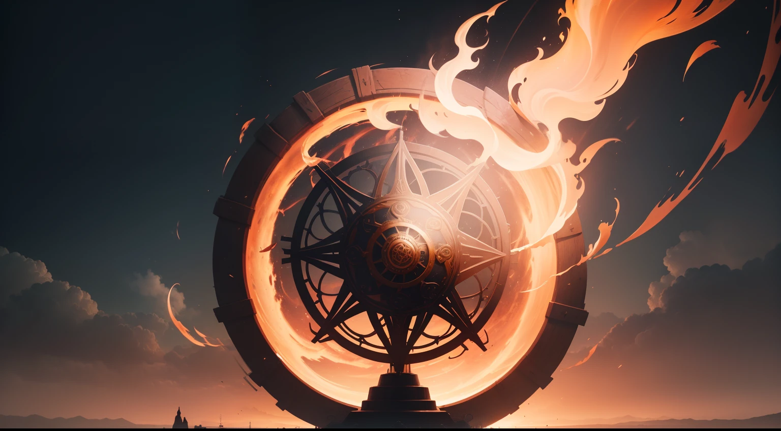 Create an image illustrating Ixion, bound to a wheel of fire that endlessly revolves