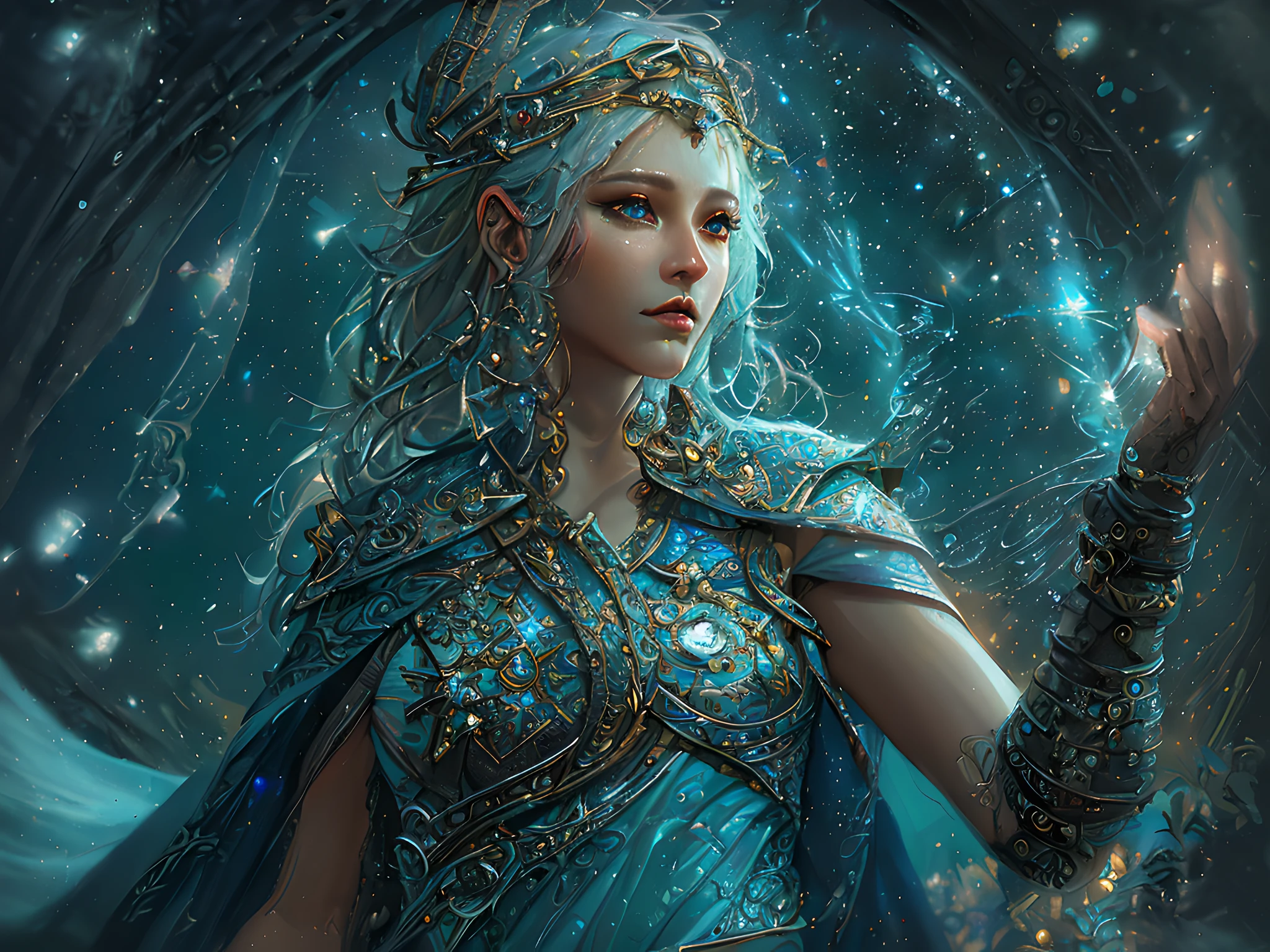 high details, best quality, 16k, absurdres [ultra detailed], masterpiece, best quality, (extremely detailed), dynamic angle, ultra wide shot, photorealistic, fantasy art, dnd art, rpg art, a female human druid of the stars (best details, Masterpiece, best quality :1.5), priestess of nature, controlling magical energy made of stars, swirling blue stary magical light, divine symbols (1.5 intricate details, Masterpiece, best quality, absurdres), human female (best details, Masterpiece, best quality :1.5), extremally beautiful (best details, Masterpiece, best quality :1.5), ultra feminine (best details, Masterpiece, best quality :1.5), dynamic hair, dynamic hair color, wearing leather armor, holding a staff, moon light, stars, dynamic natural background, RPG art, magical atmosphere, ultra best realistic, best details, best quality, absurdres, 16k, [ultra detailed], masterpiece, best quality, (extremely detailed), ultra wide shot, photorealism, depth of field, hyper realistic painting, 3D rendering