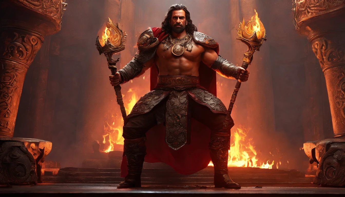 Ravan, king or srilanka ,a 52 years old man, proper eyes, proper hands, proper legs, moderate stature, has a big tail, Fire on the background, strongly built, broad-chested, narrow-waisted, and long-armed, one hand straignt pointing to something and a big blue dager in the other hand, in a dark kings chamber, dark background (Professional 3D rendering:1.3) by (Realistic:1.3) World's most beautiful art picture, Features soft, dark complexation male heroes , ((Epic Ravan the destroyer, fantasy rough muscular man wet hero angry look long hair, clean shaved, long face and fierce expression in ordering to start the war pose, wearing a deep red robe, inside a temple, burning fire lights in the background, dark dangerous environment)), full body 8k unit render, action shot, skin pores, very dark lighting, heavy shading, detailed, Detailed face, (vibrant, photorealistic, Realistic , Dramatic, Dark, sharp focus, 8k), (deep red and black with heavy jewelry r:1.4), (intricate:1.4), decayed, (highly detailed:1.4), painting digital, rendering by octane, art stations, Concept-Art, smooth, sharp focus, illustration, germ of art, (Loish:0.23), Wlop Ilya Kuvshinov, and Greg Rutkowski and Alphonse Mucha Gracias, (global illumination, studiolight, Light Volumetric ), heavy rain, floating particles, scoundrel, fantasy, Eleven, full bodyesbian, ((Dark jungle background:1.3)),CGSesociedade,art stations