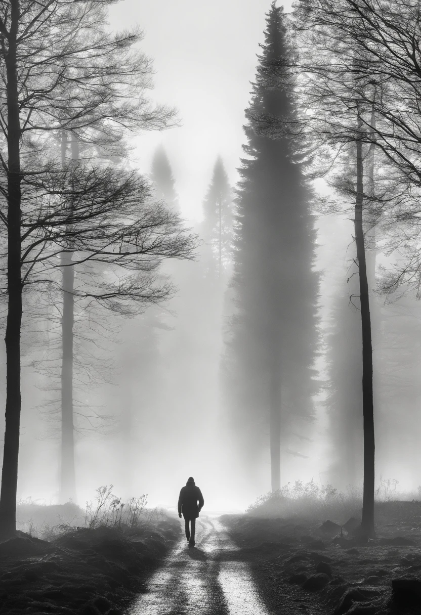 arafed person walking down a dirt road in the fog, walking away from the camera, walking away from camera, fog mads berg, standing in road, fading into the distance, fading off into the distance, by Karl Buesgen, walking away, by Alexis Grimou, by Christen Dalsgaard, standing bravely on the road, lonely human walking