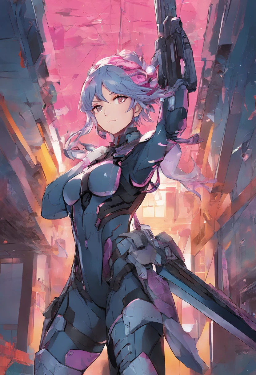 Kaina Tsutsumi(Lady Nagant), 1girl, high quality colored sketch, indigo-colored hair with numerous scattered pink streaks, dressed in tactical armor, clothed in stealth armor, comic character design, comic book character, stealth suit, highly detailed exquisite fanart, new costume concept design, my hero academia style, detailed full body concept, badass pose, cyber armour