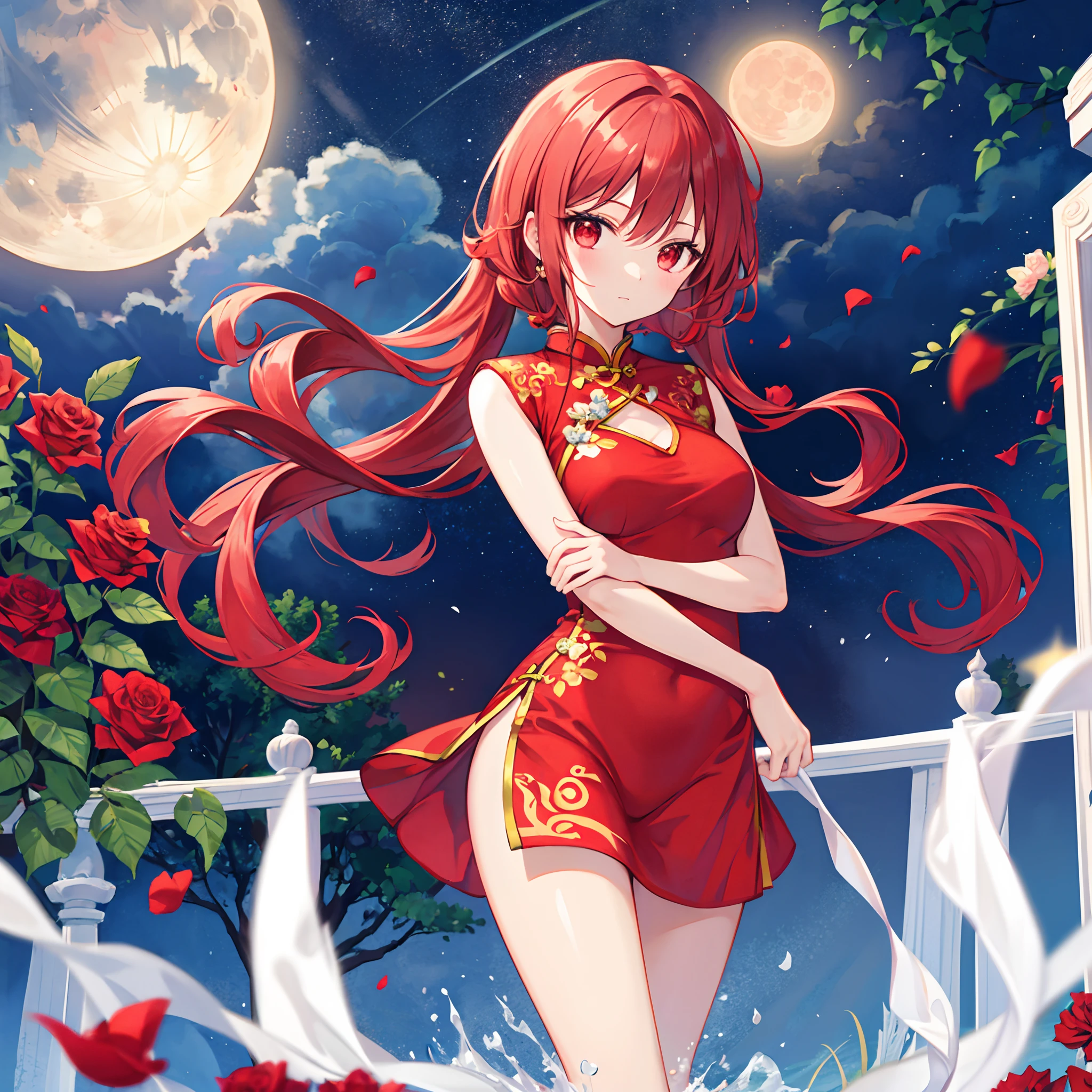 Wavy red hair、red eyes、Beautiful girl alone、Bright red cheongsam、Bright red rose garden、a moon、