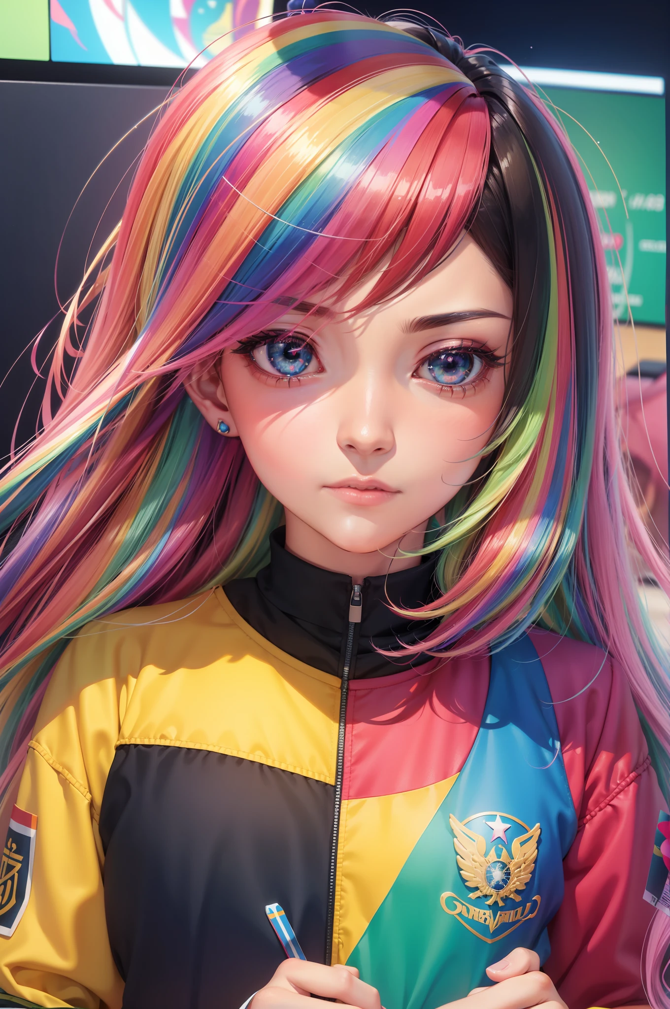 anime com rainbow hair ,uniforme de futebol,photorealistic anime girl rendering, render de uma menina 3d bonito, 8k portrait render