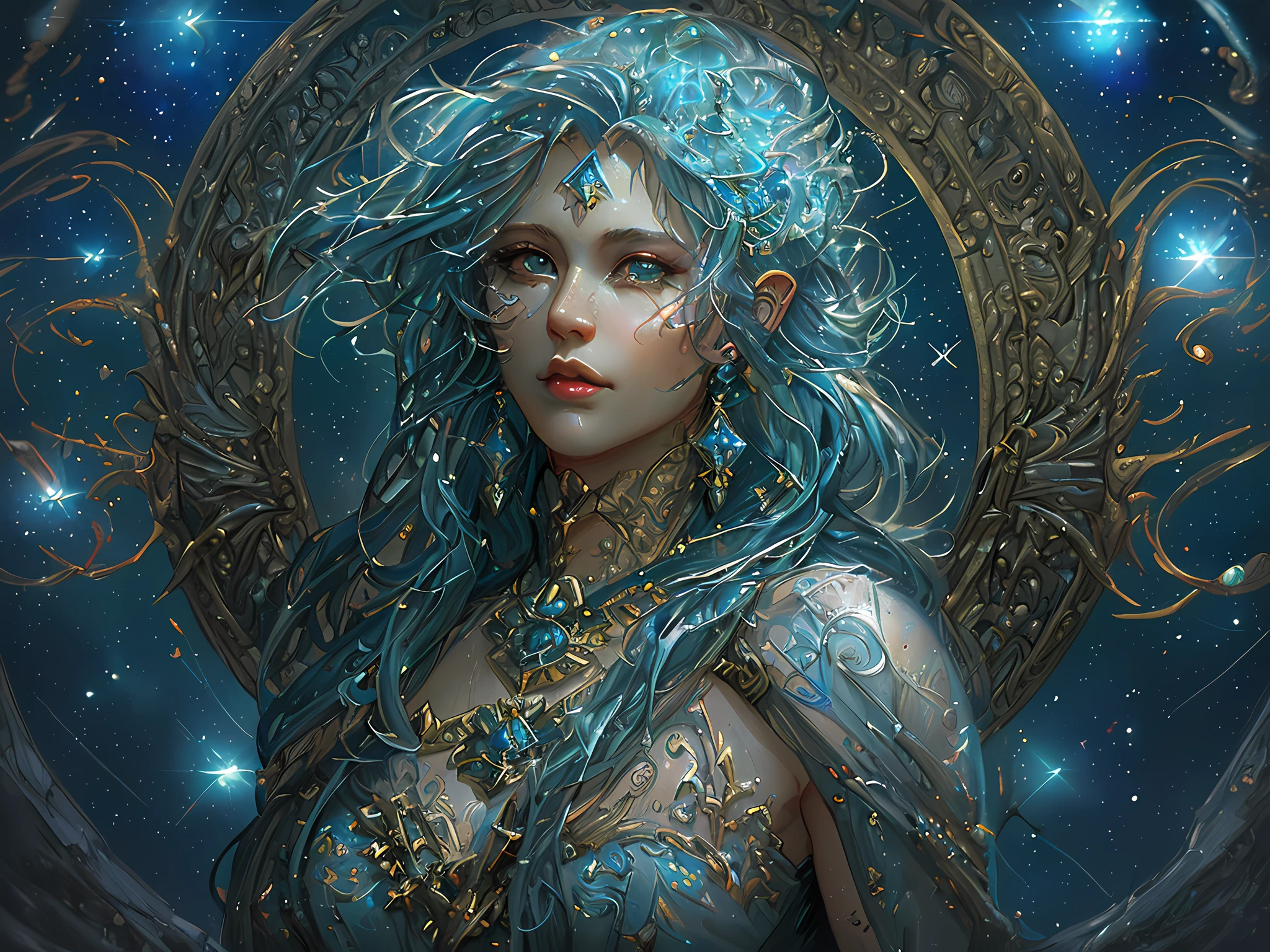 high details, best quality, 16k, absurdres [ultra detailed], masterpiece, best quality, (extremely detailed), dynamic angle, ultra wide shot, photorealistic, fantasy art, dnd art, rpg art, an illustration of a female human druid of the stars (best details, Masterpiece, best quality :1.5), priestess of nature, controlling magical energy made of stars, swirling blue stary magical light, divine symbols (1.5 intricate details, Masterpiece, best quality, absurdres), human female (best details, Masterpiece, best quality :1.5), extremally beautiful (best details, Masterpiece, best quality :1.5), ultra feminine (best details, Masterpiece, best quality :1.5), dynamic hair, dynamic hair color, wearing leather armor, holding a staff, moon light, stars, dynamic natural background, RPG art, magical atmosphere, ultra best realistic, best details, best quality, absurdres, 16k, [ultra detailed], masterpiece, best quality, (extremely detailed), ultra wide shot, photorealism, depth of field, hyper realistic painting, 3D rendering