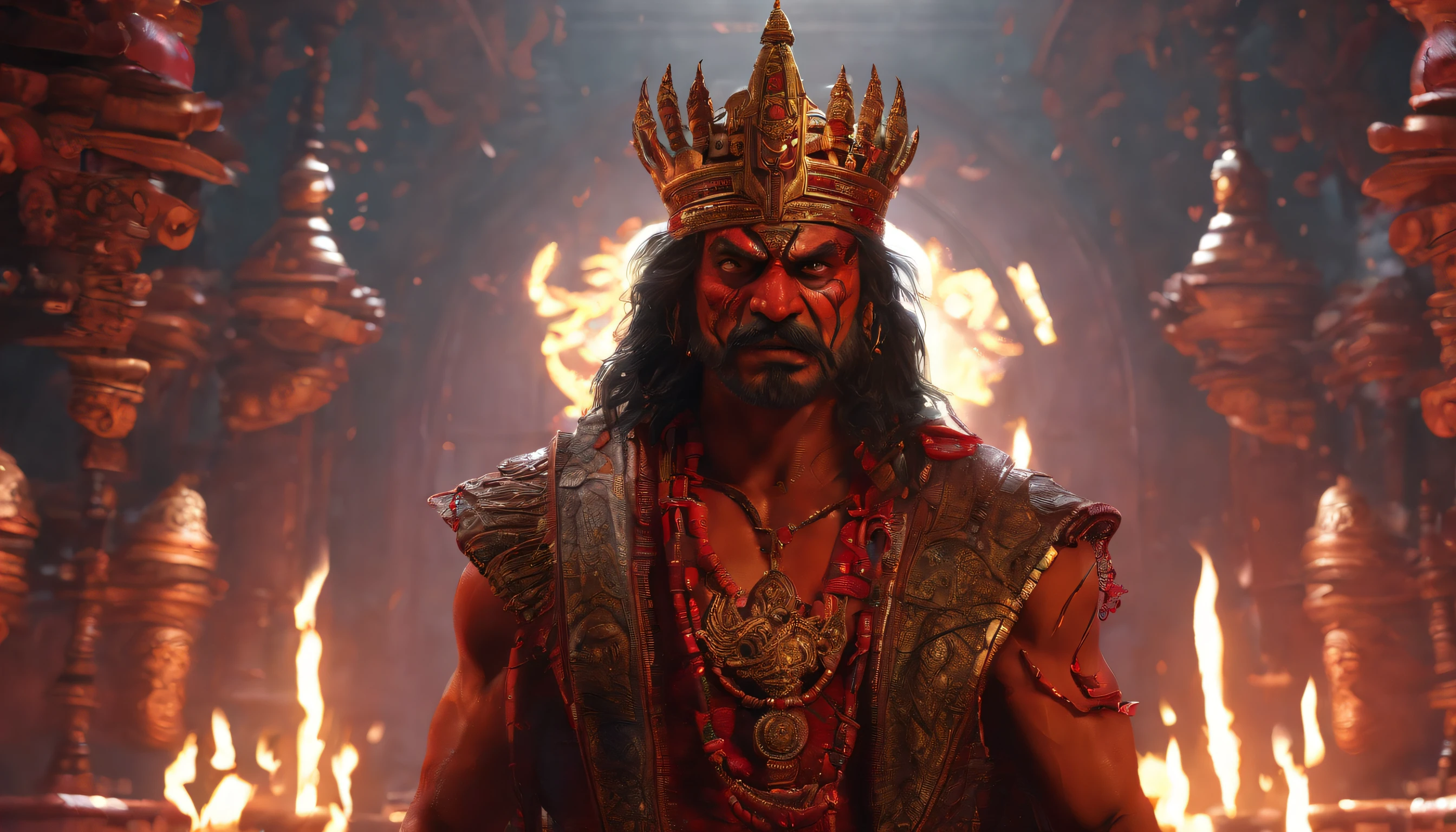 Ravan, king or srilanka ,a 52 years old man, proper super detailed eyes, proper hands, proper legs, moderate stature, has a big tail, Fire on the background, strongly built, broad-chested, narrow-waisted, and long-armed, one hand straignt pointing to something and a big blue dager in the other hand, in a dark kings chamber, dark background (Professional 3D rendering:1.3) by (Realistic:1.3) World's most beautiful art picture, Features soft, dark complexation male heroes , ((Epic Ravan the destroyer, fantasy rough muscular man wet hero angry look long hair, clean shaved, long face and fierce expression in ordering to start the war pose, wearing a deep red robe, inside a temple, burning fire lights in the background, dark dangerous environment)), full body 8k unit render, action shot, skin pores, very dark lighting, heavy shading, detailed, Detailed face, (vibrant, photorealistic, Realistic , Dramatic, Dark, sharp focus, 8k), (deep red and black with heavy jewelry r:1.4), (intricate:1.4), decayed, (highly detailed:1.4), painting digital, rendering by octane, art stations, Concept-Art, smooth, sharp focus, illustration, germ of art, (Loish:0.23), Wlop Ilya Kuvshinov, and Greg Rutkowski and Alphonse Mucha Gracias, (global illumination, studiolight, Light Volumetric ), heavy rain, floating particles, scoundrel, fantasy, Eleven, full bodyesbian, ((Dark jungle background:1.3)),CGSesociedade,art stations