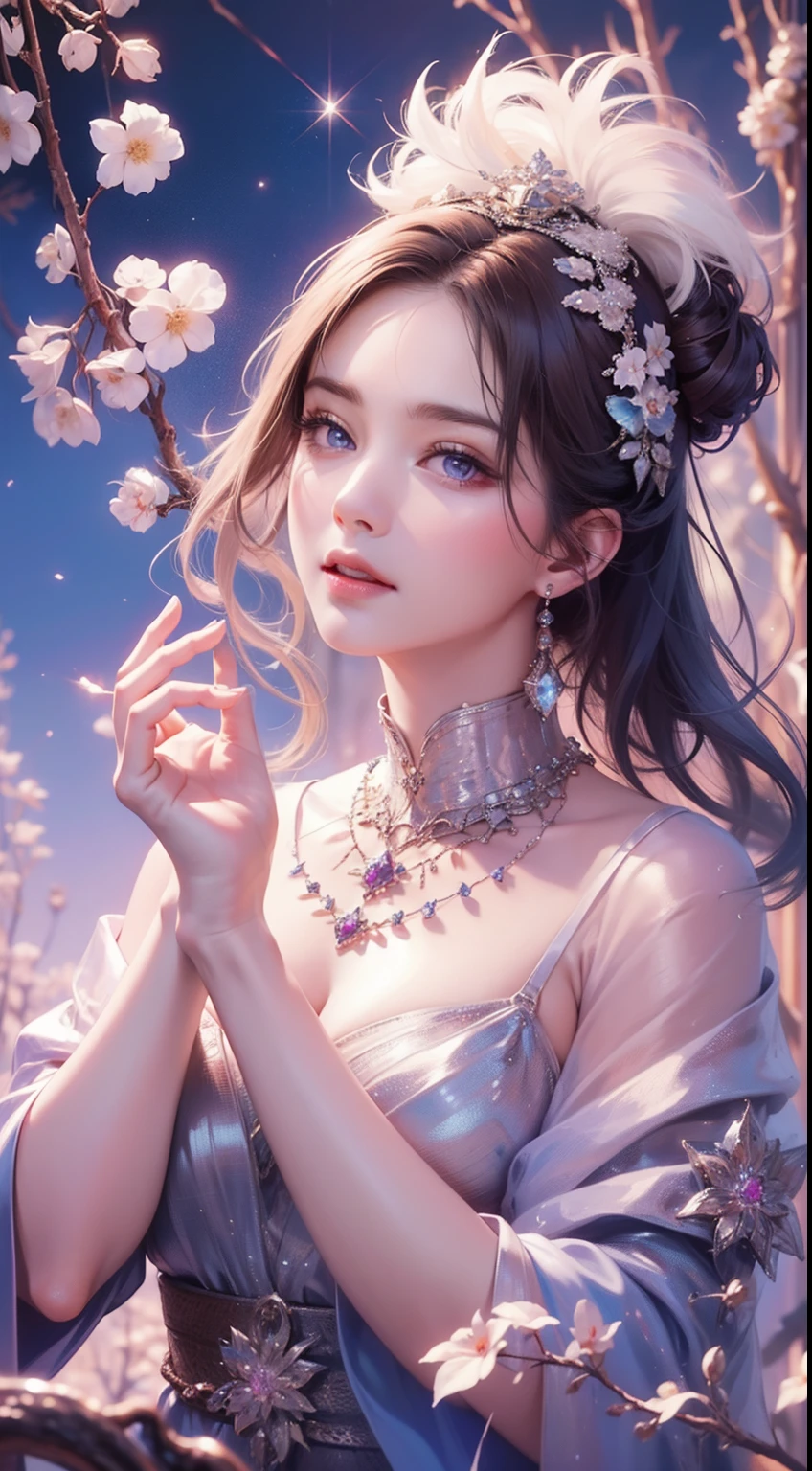 tmasterpiece,Highest high resolution,((themoon)),Dynamic bust of a beautiful aristocratic maiden,elegantly coiled brown chestnut hair,Purple clear eyes,Hair is covered with beautiful and delicate floral craftsmanship, Crystal Jewelry Filigree,Ultra-detailed details,upscaled,The Earth Rises。