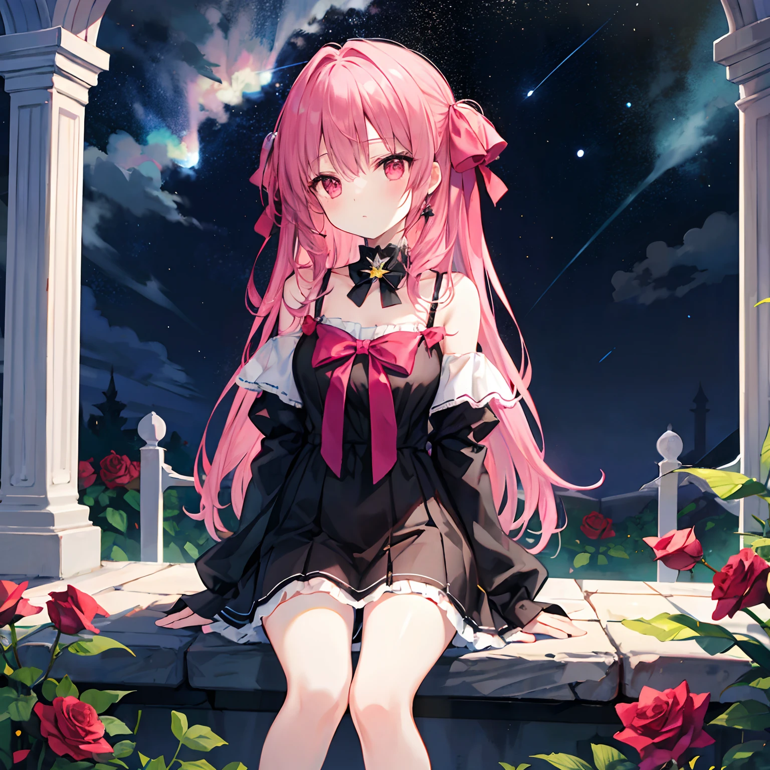A pink-haired、bow ribbon、red eyes、Beautiful girl alone、Black Dress、off shoulders、a miniskirt、sitting on、rose garden、starrysky