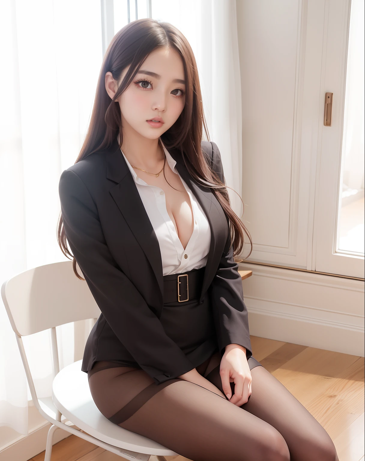 girl with１a person、Korean models、huge-breasted、beautiful thigh、Beautiful fingers、beautiful brown hair、Brown eyes、white  shirt、Ultra mini tight skirt、Black pantyhose