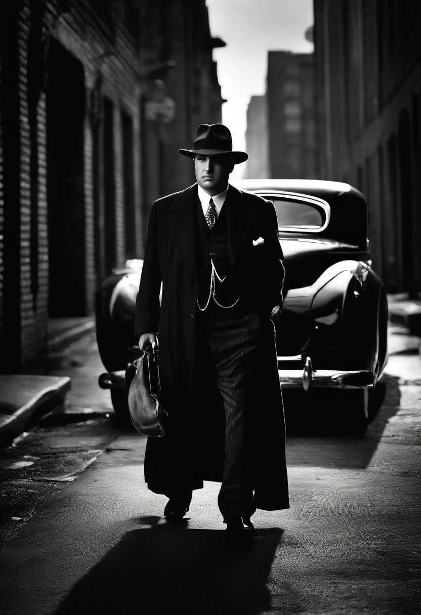 (best quality, highres), gangster Al Capone, Thompson submachine gun, Chicago streets, vintage car, cigar smoke, sharp suit, fedora hat, intense gaze, dramatic lighting, monochrome, film noir style, dark alley, crime boss, mysterious atmosphere, suspenseful scene, menacing look