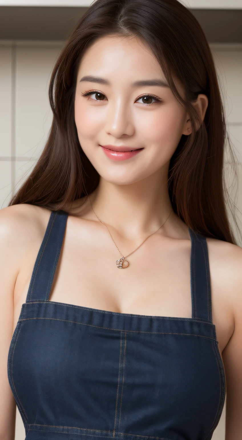 (Best quality, 8k, masterpiece: 1.3), a beautiful woman with perfect figure: 1.4, dark brown hair, wearing a pendant, wearing an apron, in the kitchen, highly detailed face and skin, detailed eyes, double eyelids, big breasts, smile