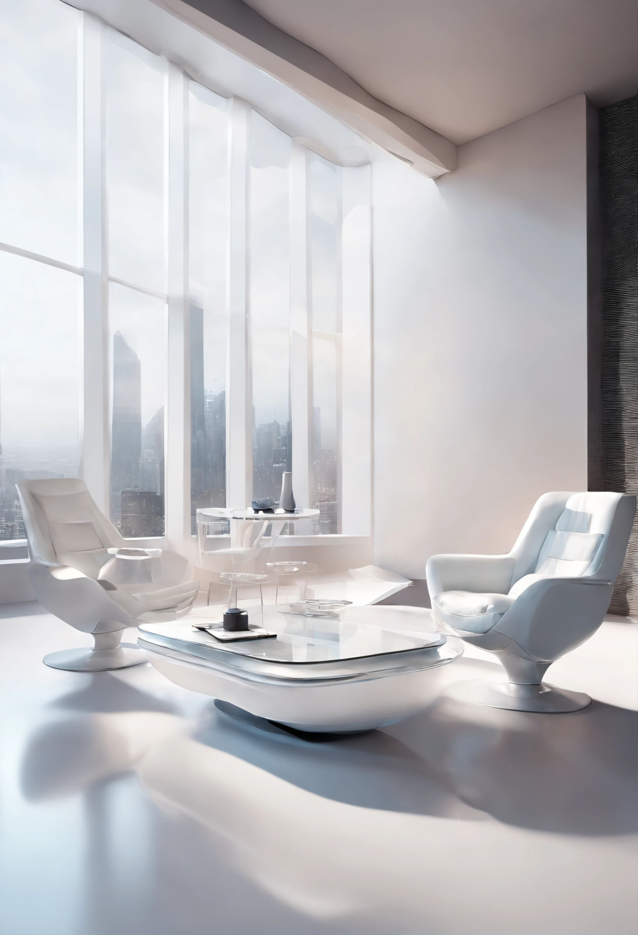 table, 2 armchair, futuristic, minimalist, studio photo, cgi, 8k