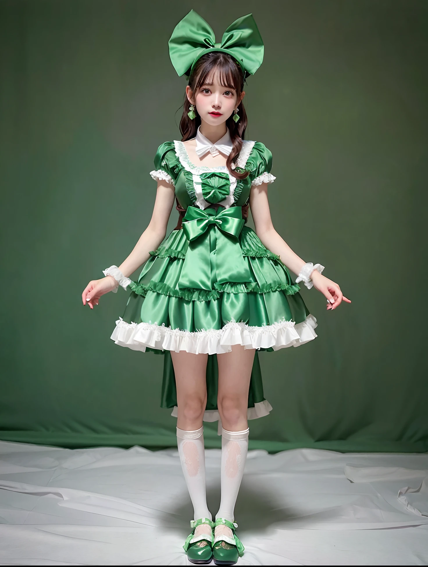 Alafe girl in green satin dress and bow tie, rococo ruffles dress, angelic pretty, frilly outfit, rococo dress, high quality costume, Lolita style, style of magical girl, Lolita Fashion, fantasy outfit, Belle Delphine, fantasy dress, Green accent costume, Light green, Ice Green Dress, maid dress, loli in dress