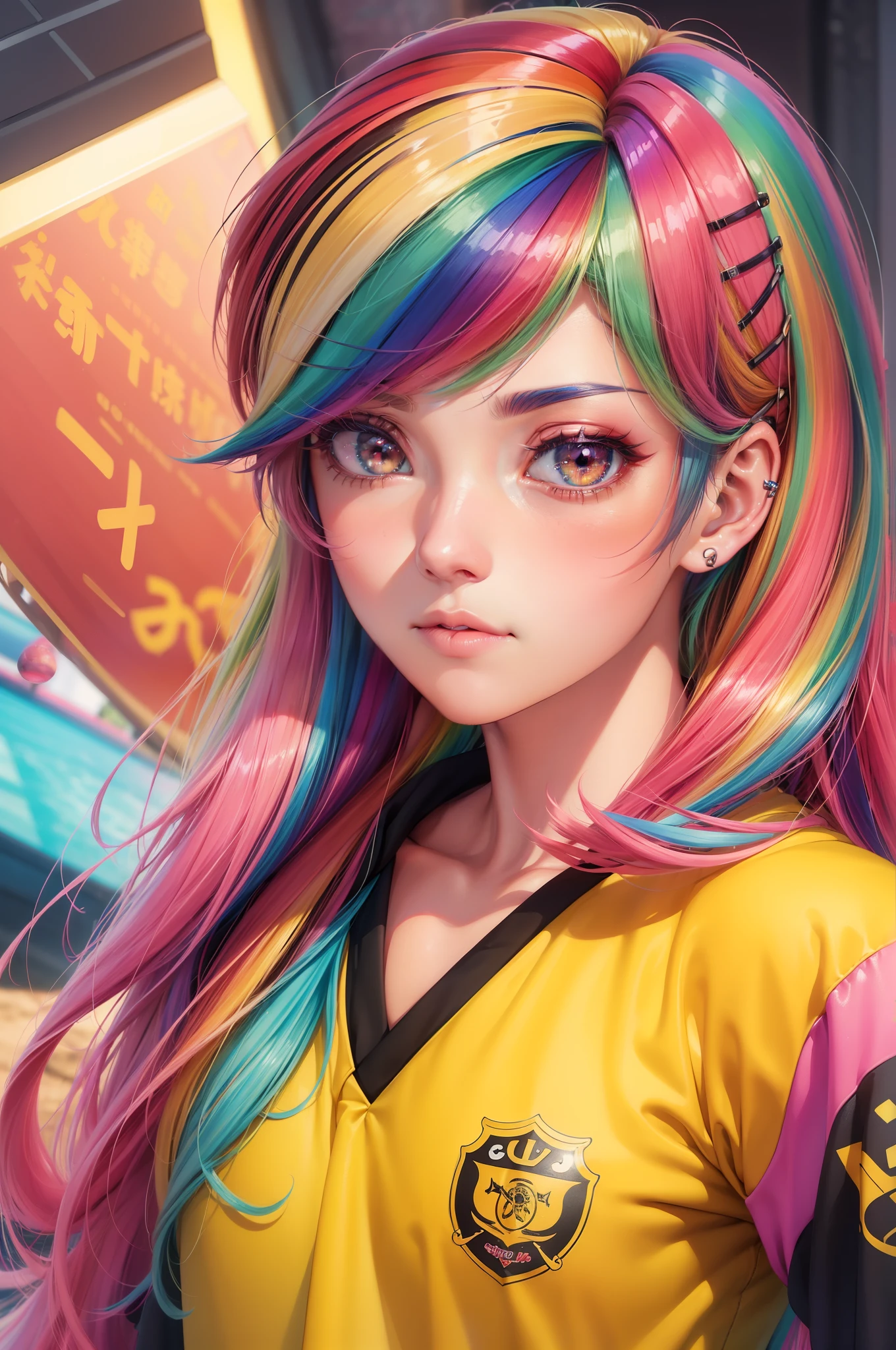 ((um olho rosa um olho amarelo)), anime com rainbow hair ,uniforme de futebol,photorealistic anime girl rendering, render de uma menina 3d bonito, 8k portrait render
