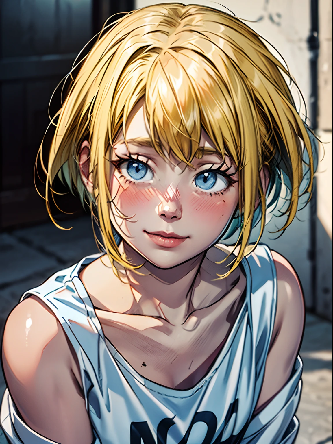 add_detail:1 Face (ultrahigh resolution) Face (details ultrahigh), Body (ultrahigh resolution) Body (details ultrahigh), wear (ultrahigh resolution) wear (details ultrahigh), Background (ultrahigh resolution) Background (details ultrahigh), Full body photo, city background. blue eyes, blonde hair, short hair, ripped denim, white shirt, white sneaker, shopping, seductive smile, medium breast, full body, drunk blush:1.5, black wavy shoulder-length hair, serene, calm, (realistic detailed eyes, natural skin texture, realistic face details), soft dramatic lighting, depth of field, bokeh, vibrant details, finely detailed, hyperrealistic