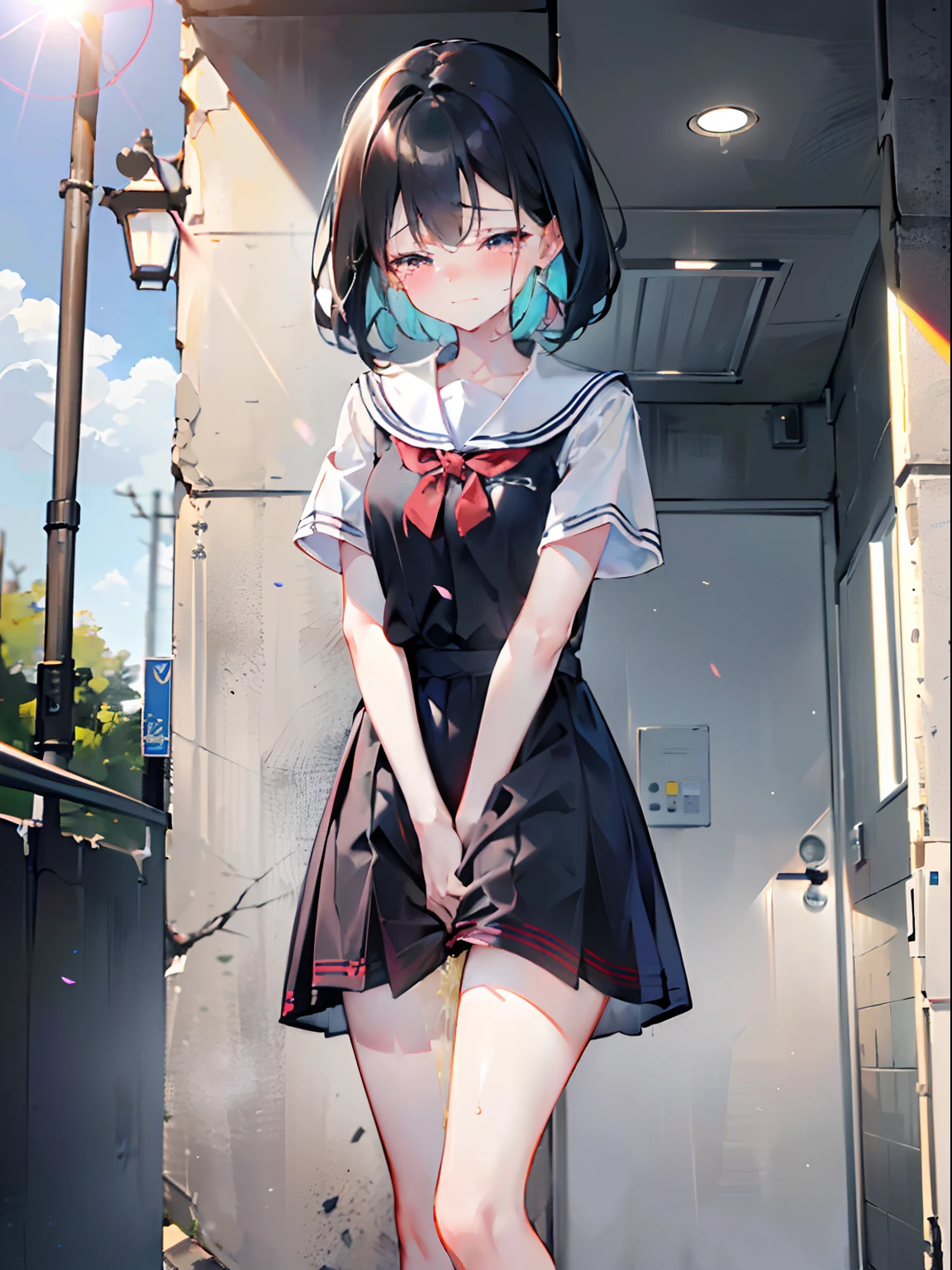 absurderes,hight resolution,((masutepiece))。animesque、((Best Quality)), (lensflare)、(Ultra-detailed), (Beautiful),((Kawaii Girl)), 独奏,Beautiful face、White skin、masterpiece, (ers old:1.3)、Dark hair、(One girl in a cute dress、One girl takes to the bathroom、Standing、closed eye、embarrassed from、Blushing、is crying、Tears from the eyes、Grab the hem of the skirt)、a street(Girl is peeing:1.2)、Mini skirt,