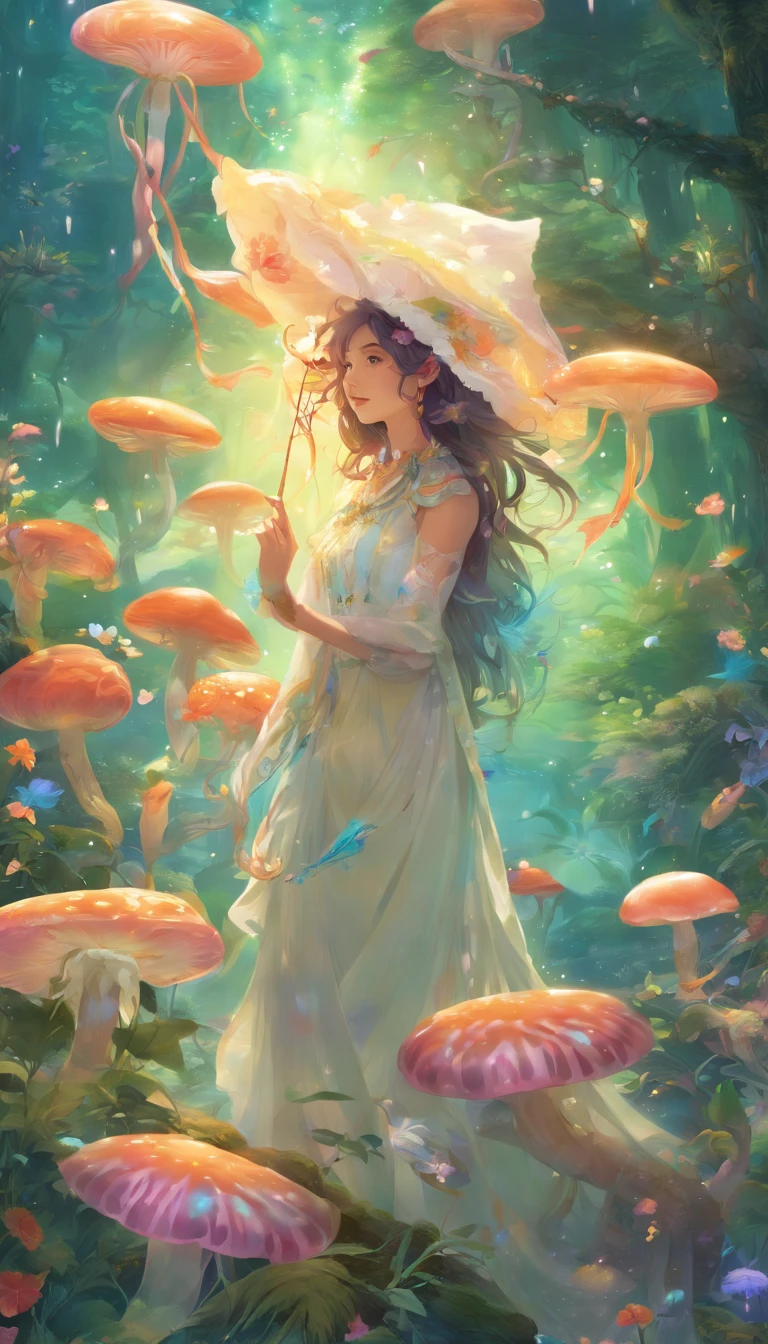 (Best Quality, masutepiece:1.2), ("Smoke" theme:1.1), (full body Esbian:0.6), (Mysterious smoke lightning), A mysterious light shines in the forest, Stand on top of a girl captured by realistic splendor. The silhouette of her form is engraved with a purpose, Shadows and thick silhouettes mix,Defines her ethereal presence. In this fascinating portrait, She stared up firmly, Embodying the fusion of strength and weakness. Isolated and mysterious, She cast a spell of unwavering concentration, Her lips pursed eagerly and gently. Dressed in a flowing white robe, Her hair fluttered in the wind, Imitates choppy ocean movement. Exquisite tricks of mushrooms:&Vadim Kashin Biggest Method:1.5 complex and deep texture details, Proof of skill and imagination. In this surreal dream, The forest is full of bioluminescent plants, Different colors reflect the stars above. The enchanting chorus of deep jellyfish floating、Add a captivating aura to the scene, Their gentle undulations are、Create an otherworldly dance in the fog. Juxtaposition of Earth and Ocean, Forest and sea, Painted in clear contrast, Each element complements each other in a harmonious symphony. This work is、Through artist WLOP's fractal halo and the femininity of the universe、Bring the air to life, Infuse your environment with an otherworldly aura. In this enchanting environment, She glows with bioluminescence, Shines in a soft haze. The fascinating scene is、Created with complex renderings of octane number rendering, Strike a balance between exquisite detail and immersive beauty