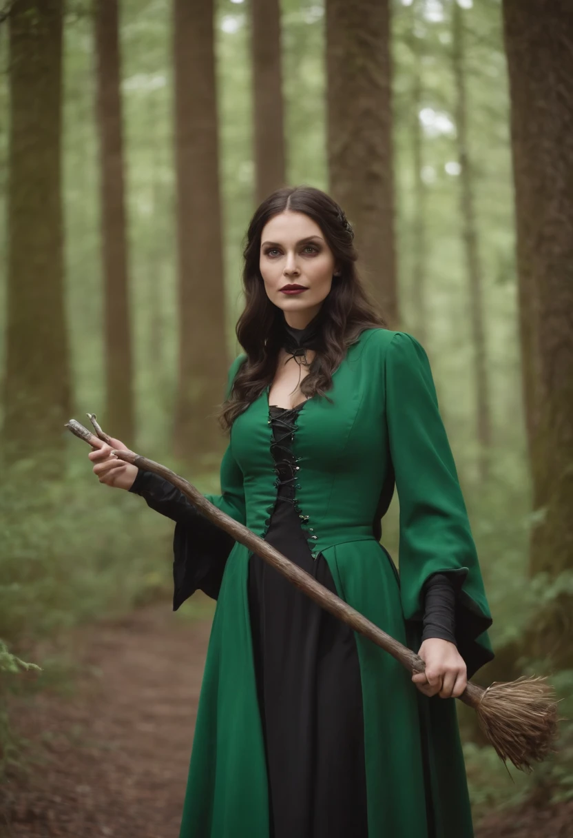 Woman beutitfull witch. She wears tiny green and black suit. She has big brest. She holds rooted magic staff. Forrest in background