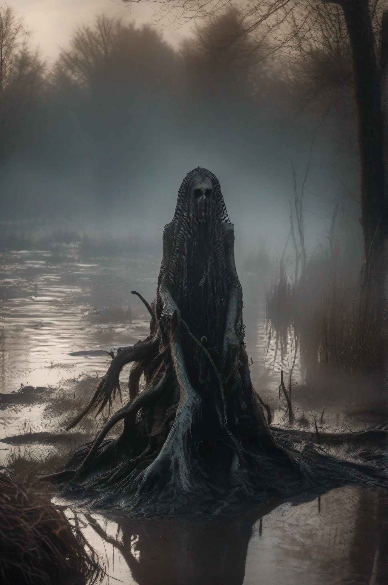 Creepy creature climbs out of the swamp, swamp mud drips from it, burnt trees sticking out of the water in the background, fog, fairy tale world, gloomy atmosphere, hyper-realistic photography, 16K, masterpiece