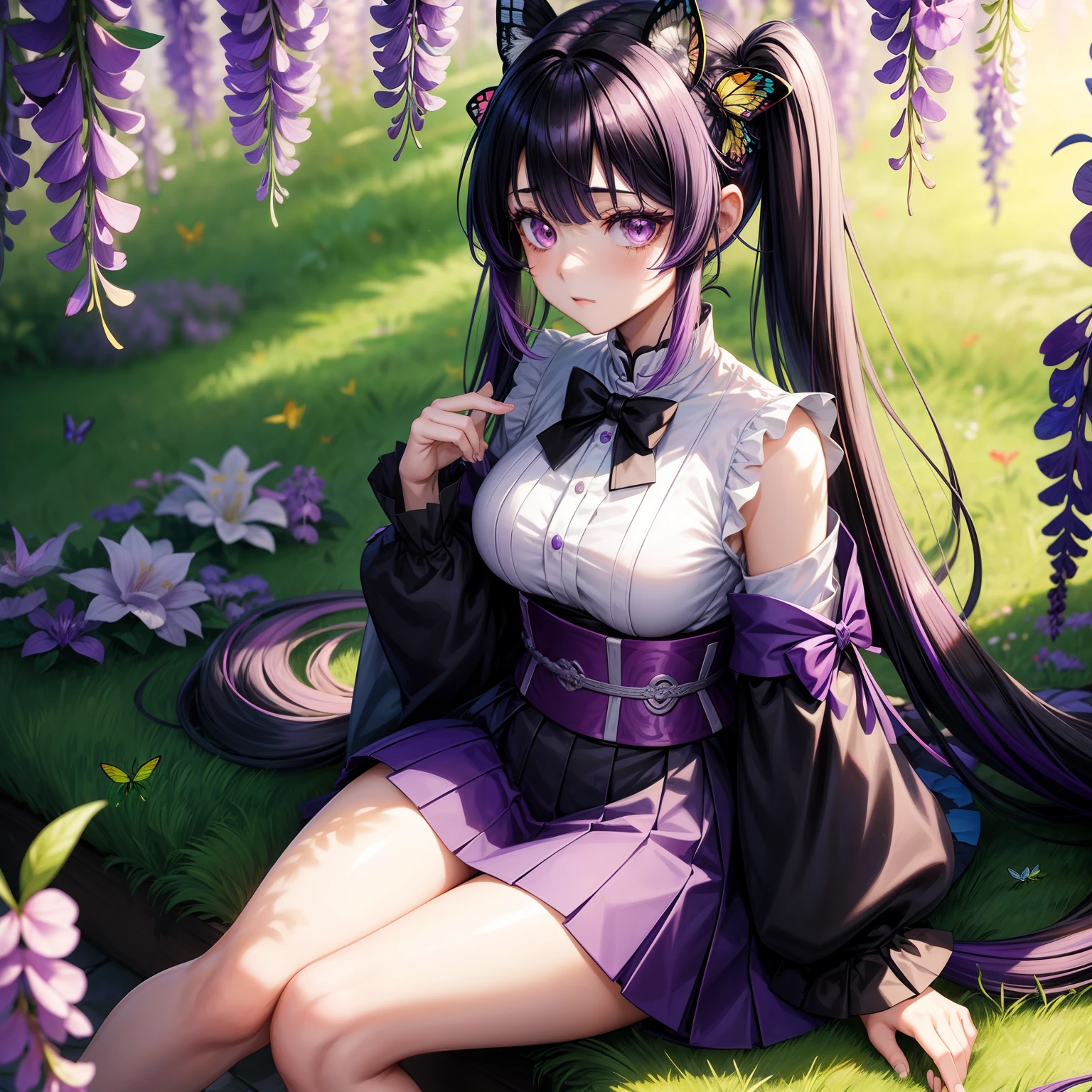 1 girl, Kocho Shinobu, Kimetsu no Yaiba, multi-colored hair, two-colored hair, black hair, two strands, butterfly hair decorations, wisteria hair, big bright eyes, purple eyes, medium breasts, purple blouse, black miniskirt, in the garden Sitting in a field, wisteria