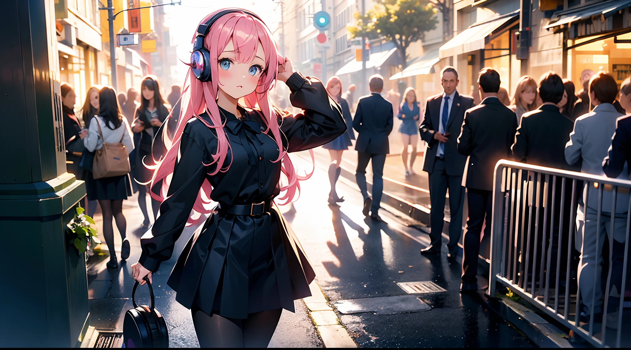 beautiful girl, 13 years old, Tiny dress, dark tights, listening to music on headphones, musical lyrics around her head, hyper-realistic, best quality, very high resolution, 8k, HDR