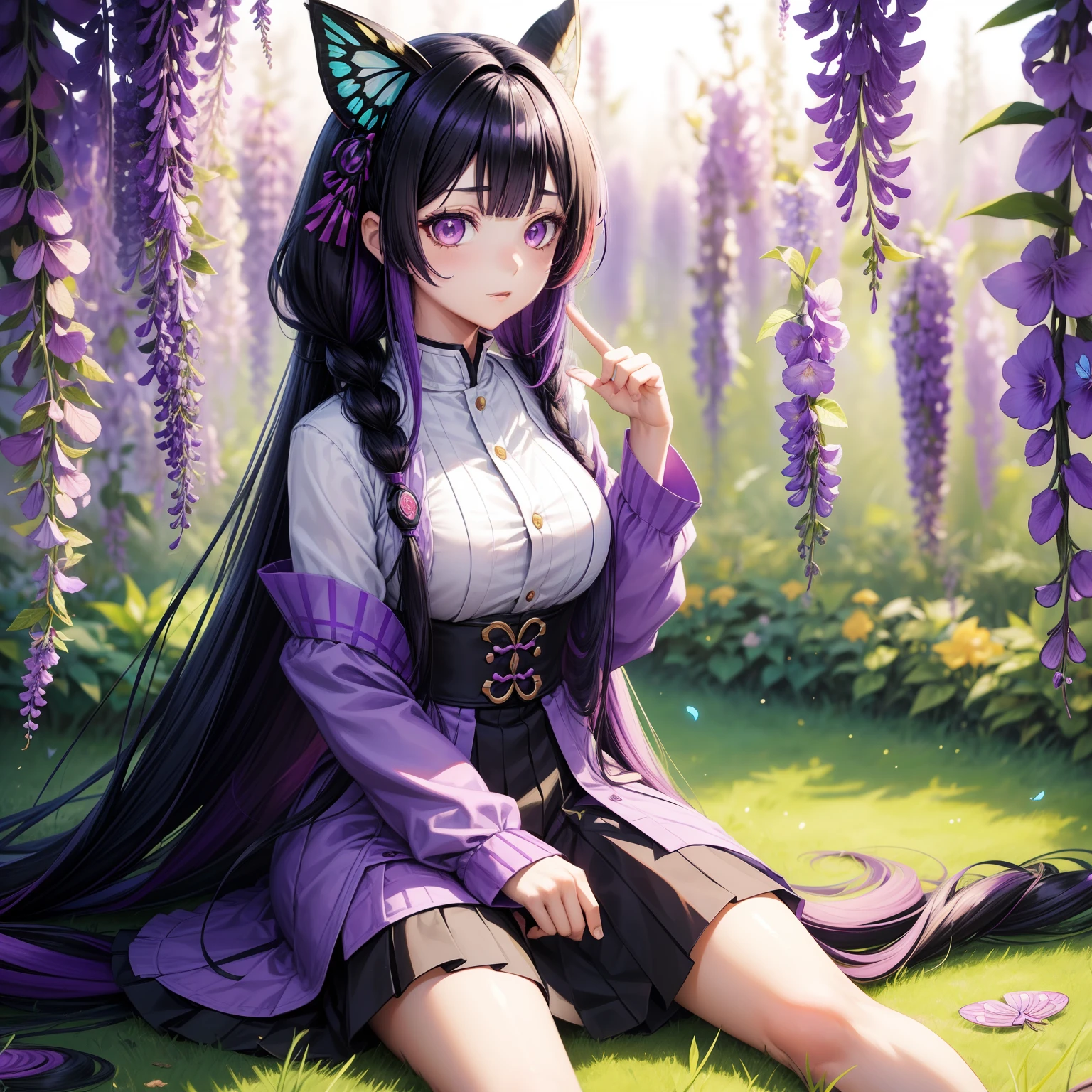 1 girl, Kocho Shinobu, Kimetsu no Yaiba, multi-colored hair, two-colored hair, black hair, two strands, butterfly hair decorations, wisteria hair, big bright eyes, purple eyes, medium breasts, [purple blouse] [black miniskirt] In the garden, sitting in a field, wisteria