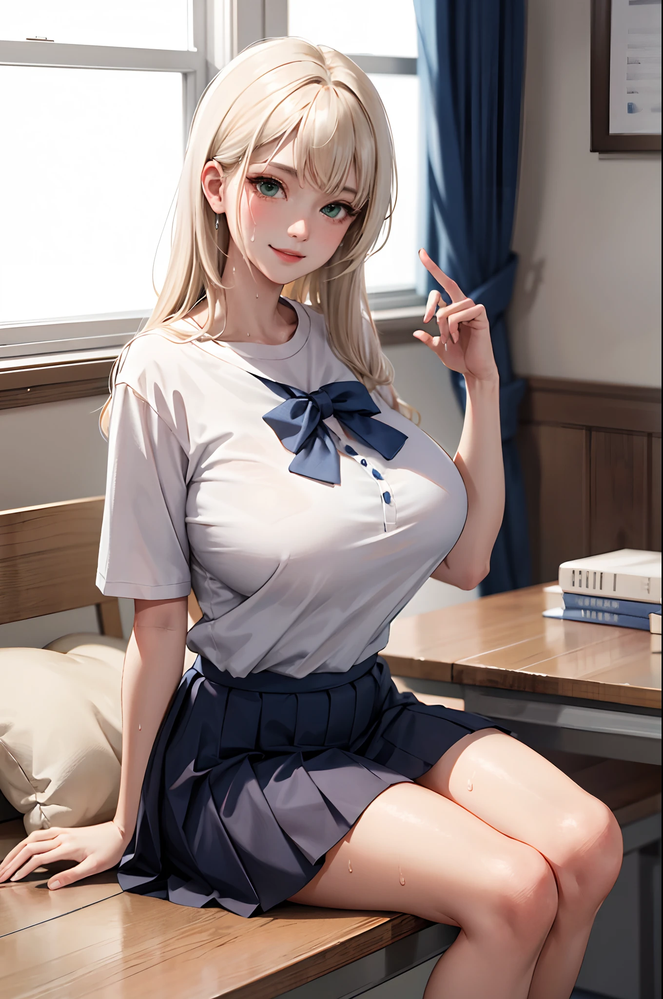 (masterpiece:1.2, best quality), (real picture, intricate details), 1lady, solo, sitting, casual, long hair, minimal makeup, natural fabrics, close-up face, smile, long light platinum blonde hair, bangs, Korean bangs, bangs on forehead, green eyes, big breasts, bis tits, mature body, detailed face, looking at audience, school uniform, school t-shirt, school skirt, pleated skirt, school setting, gigantic tits, gigantic breasts, sweaty, detailed