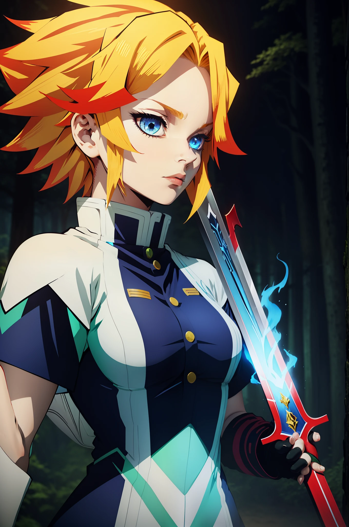 demon slayer uniform, blue flame sword, red hair, blonde, olhos verdes, Woman.