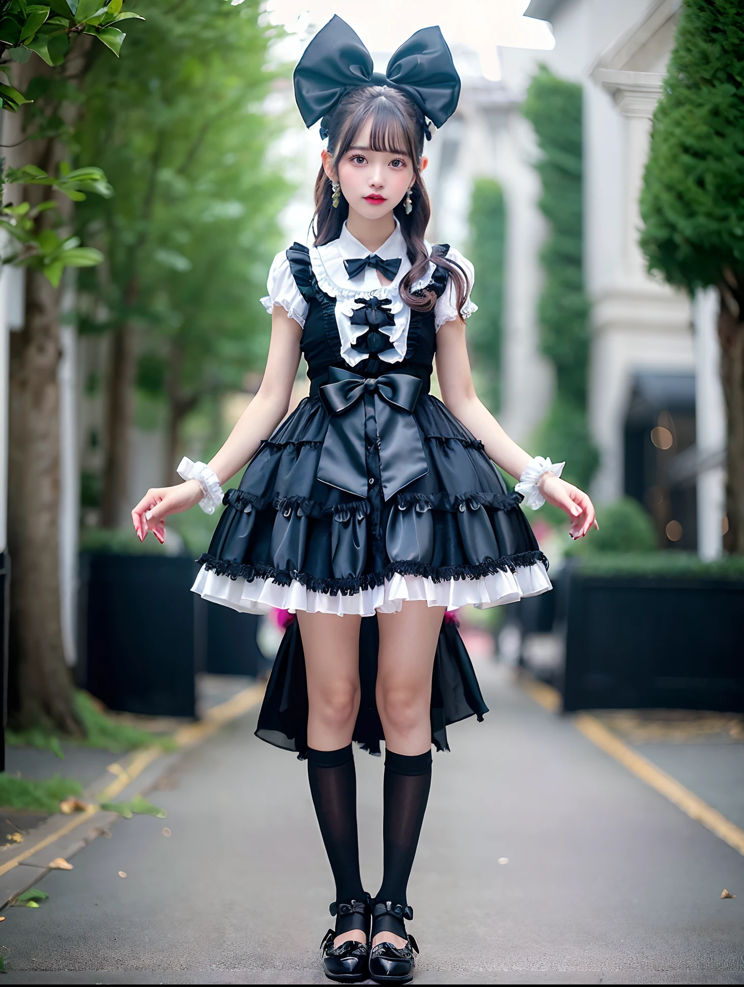 Alafe girl in black satin dress and bow tie, rococo ruffles dress, angelic pretty, frilly outfit, rococo dress, high quality costume, Lolita style, style of magical girl, Lolita Fashion, fantasy outfit, Belle Delphine, fantasy dress, Black Accent Costume, Light black color, Ice Black Dress, maid dress, loli in dress