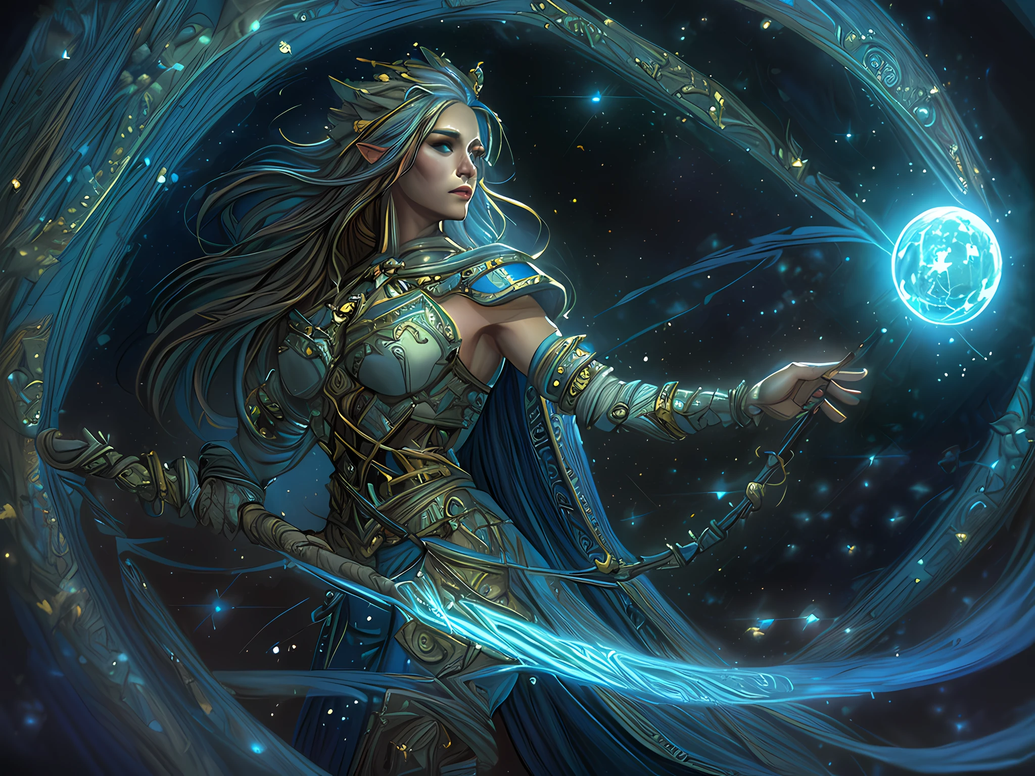 high details, best quality, 16k, absurdres [ultra detailed], masterpiece, best quality, (extremely detailed), dynamic angle, ultra wide shot, photorealistic, fantasy art, dnd art, rpg art, a female human druid of the stars (best details, Masterpiece, best quality :1.5), priestess of nature, controlling magical energy made of stars, swirling blue stary magical light, divine symbols (1.5 intricate details, Masterpiece, best quality, absurdres), human female (best details, Masterpiece, best quality :1.5),  extremally beautiful (best details, Masterpiece, best quality :1.5), ultra feminine (best details, Masterpiece, best quality :1.5), dynamic hair, dynamic hair color, wearing leather armor, holding a staff, moon light, stars, dynamic natural background,  RPG art, magical atmosphere, ultra best realistic, best details, best quality, absurdres, 16k, [ultra detailed], masterpiece, best quality, (extremely detailed), ultra wide shot, photorealism, depth of field, hyper realistic painting, 3D rendering