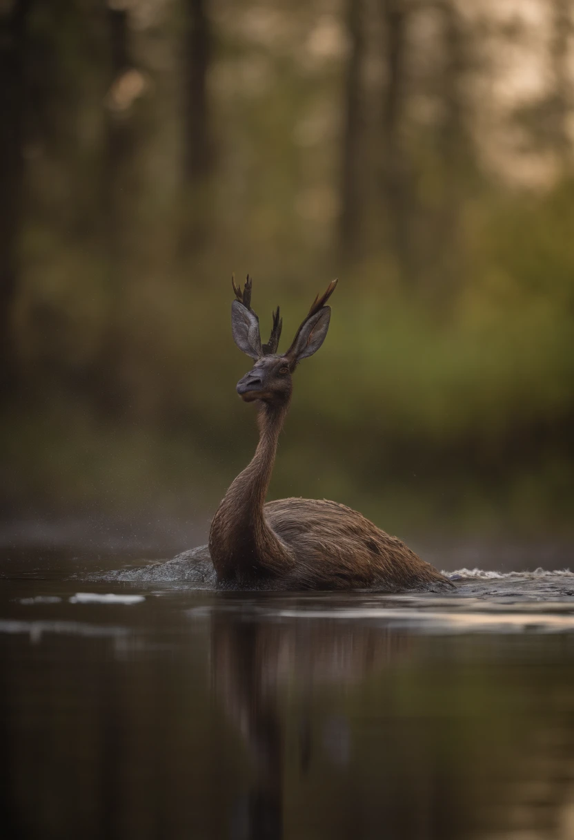 A creepy creature crawls out of the swamp, Swamp mud drips from it, Burnt trees, sticking out of the water in the background, mist, Fairy-tale world, gloomy atmosphere, Hyperreal photo of, 16k, Masterpiece
