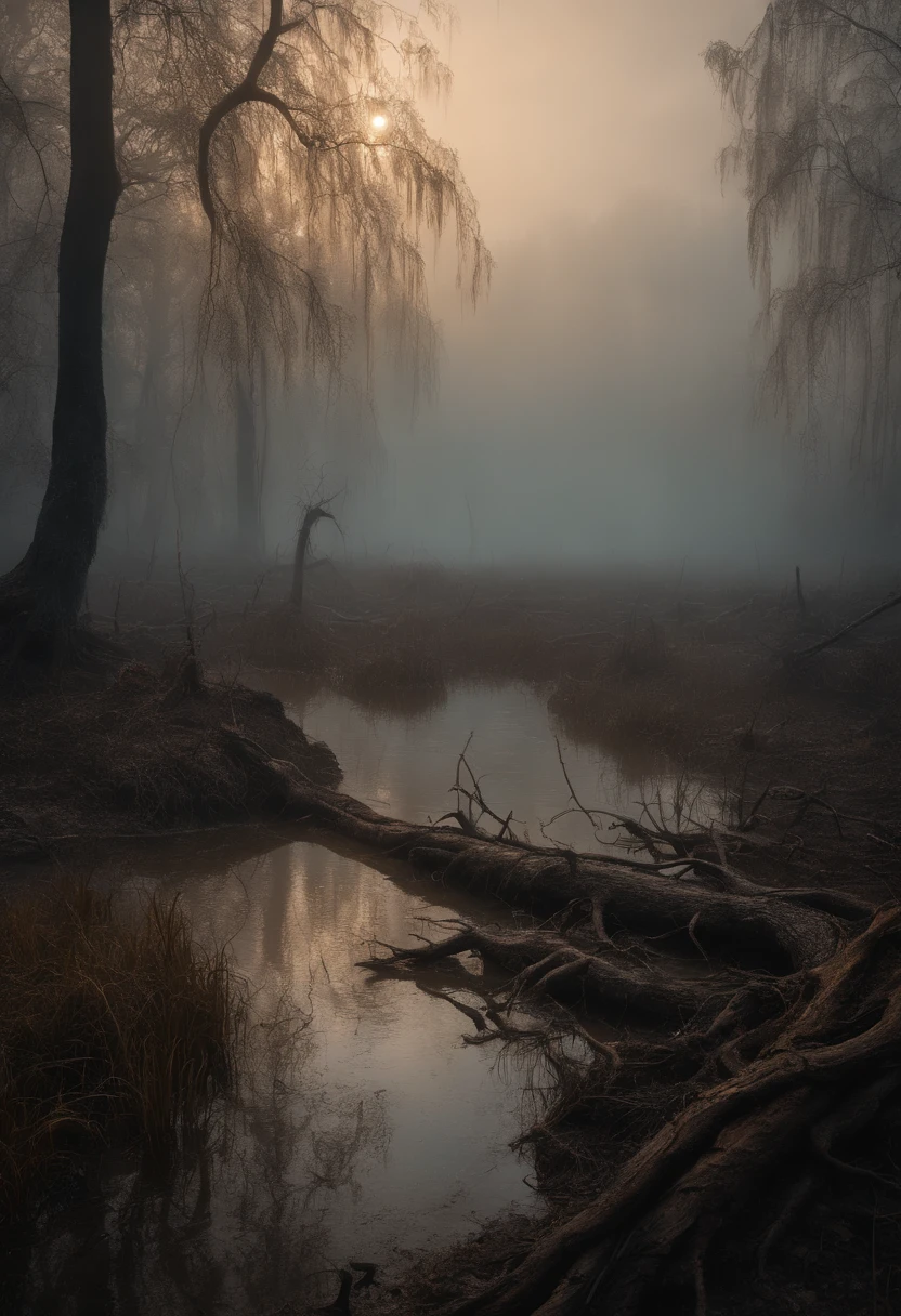 A creepy creature crawls out of the swamp, Swamp mud drips from it, Burnt trees, sticking out of the water in the background, mist, Fairy-tale world, gloomy atmosphere, Hyperreal photo of, 16k, Masterpiece