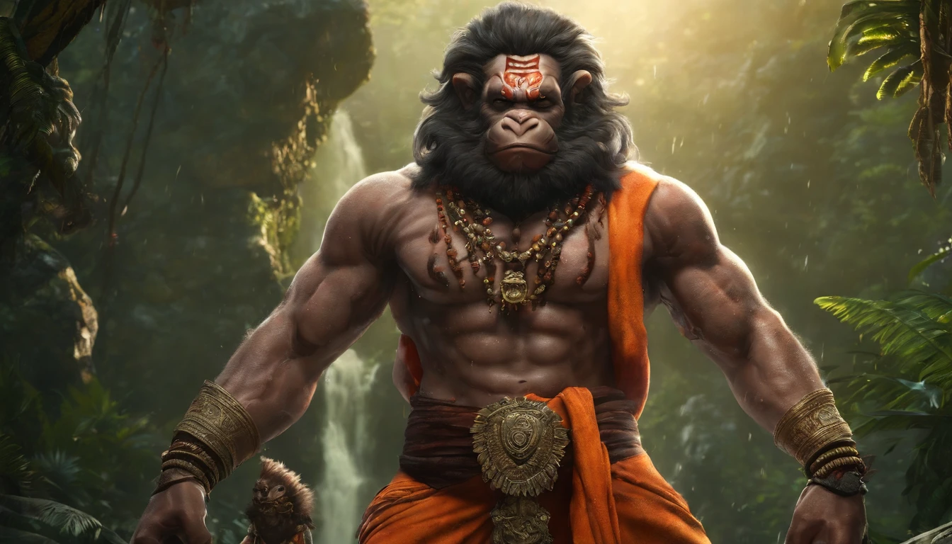 LORD HANUMAN ,a 35 years old man who has a face of a monkey, has a long tail as a monkey, proper super detailed eyes, proper super detailed hands, proper super detailed legs, An Indian god, Lord Hanuman, face of a monkey , moderate stature, has a big tail, a big blue waterfall in the background, strongly built, broad-chested, narrow-waisted, and long-armed, big gada in his hand, in a dark forest (Professional 3D rendering:1.3) by (Realistic:1.3) World's most beautiful art picture, Features soft, dark complexation male heroes , hindu god, indian god, ((Epic hindu god , lord Hanuman, fantasy rough muscular man wet hero angry look long hair long slightly white beard and fierce expression in dynamic pose, wearing a orange robe, inside a jungle infront of a big waterfall, sunlight in the background, majestic environment)), full body 8k unit render, action shot, skin pores, very dark lighting, heavy shading, detailed, Detailed face, (vibrant, photorealistic, Realistic , Dramatic, Dark, sharp focus, 8k), (orange cloths with heavy jewelry r:1.4), (intricate:1.4), decayed, (highly detailed:1.4), painting digital, rendering by octane, art stations, Concept-Art, smooth, sharp focus, illustration, germ of art, (Loish:0.23), Wlop Ilya Kuvshinov, and Greg Rutkowski and Alphonse Mucha Gracias, (global illumination, studiolight, Light Volumetric ), heavy rain, floating particles, scoundrel, fantasy, Eleven, full bodyesbian, ((Dark jungle background:1.3)),CGSesociedade,art stations