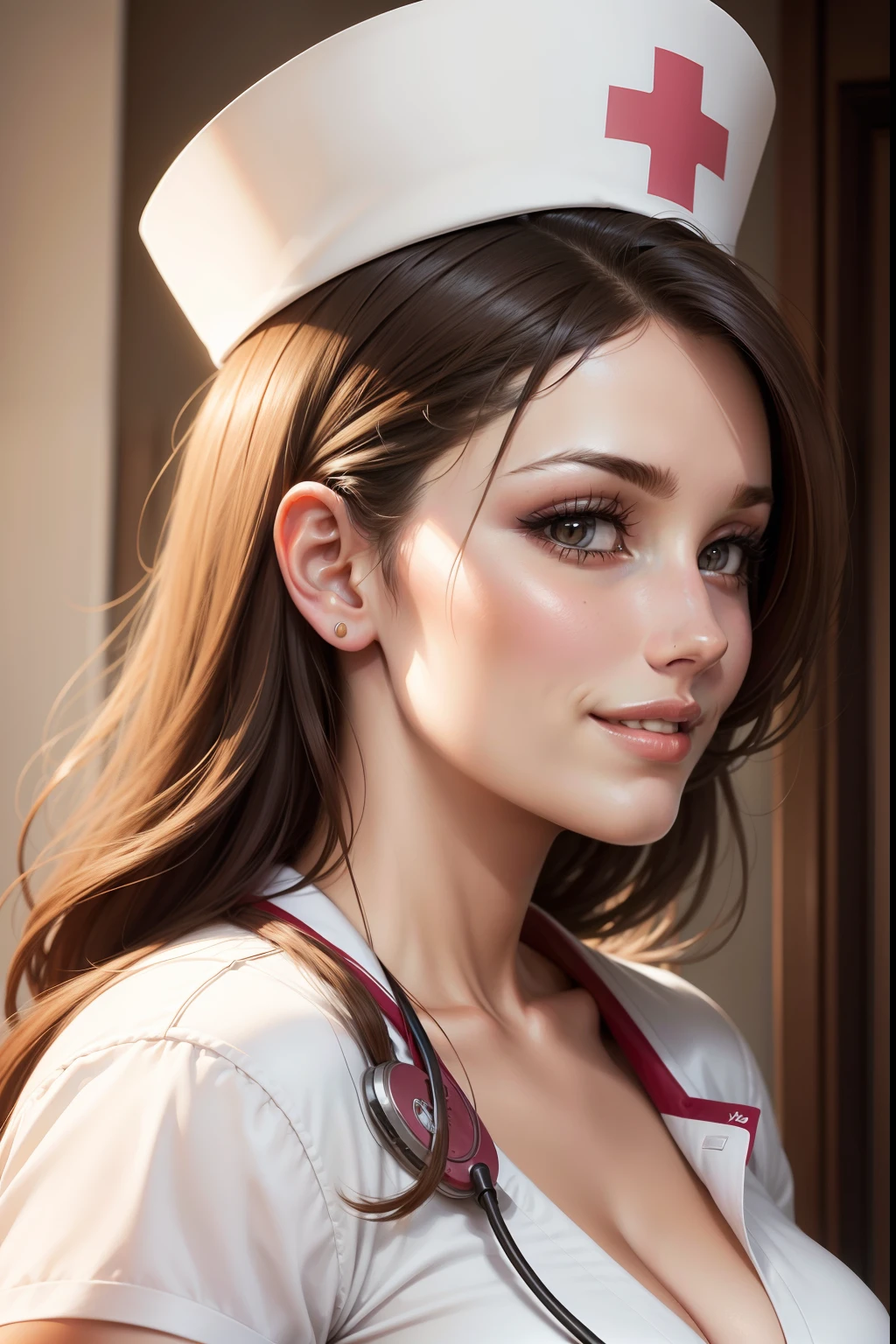 lucy pinder, smiling, ((very intense makeup)), ((bright lipstick)), voluptuous woman, NURSE