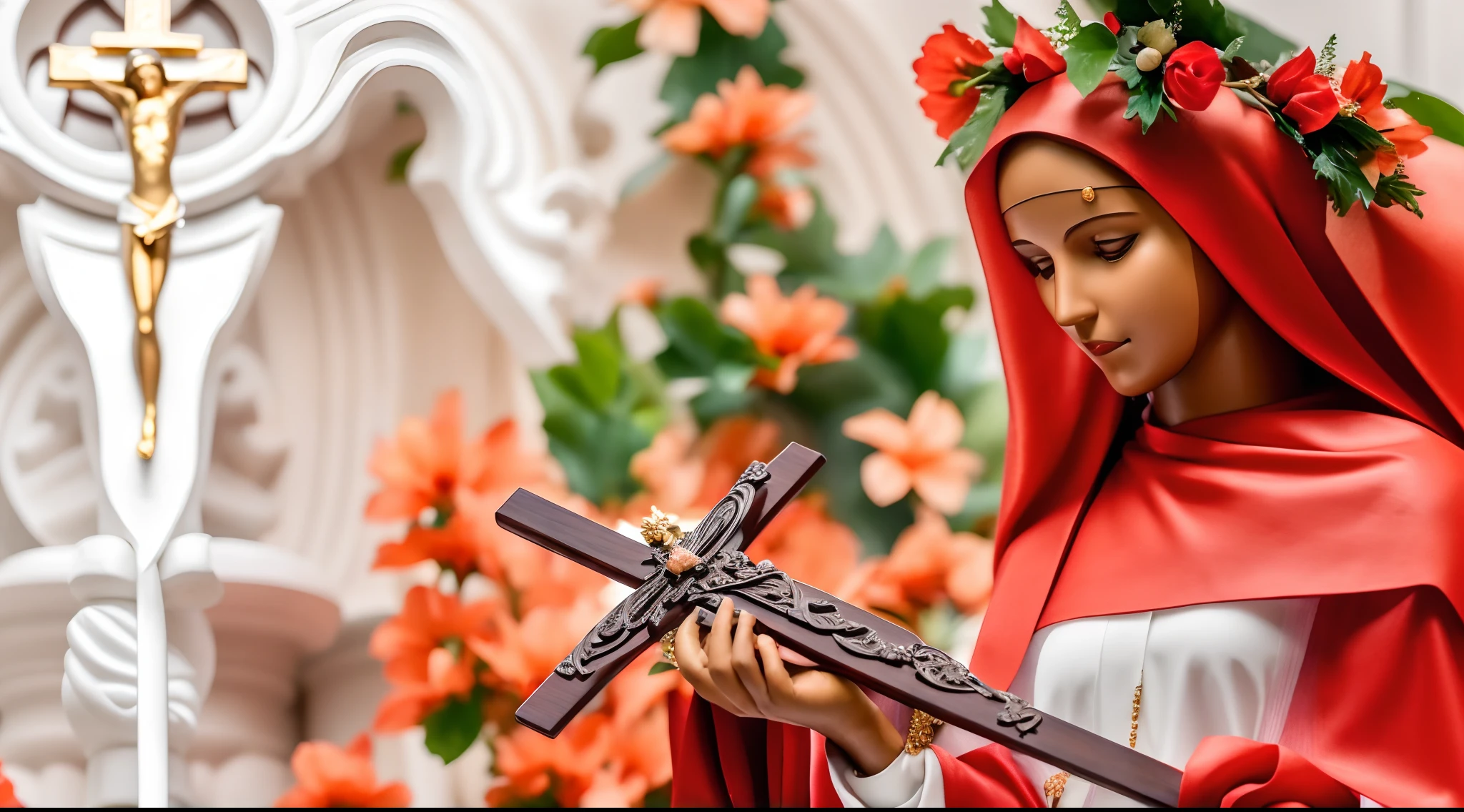 Image of a woman holding a cross and a statue of Jesus, majestosa mulher de santo, santa mulher, Bem Modelo de Moda, inspirado em Petrus Christus, Santo de ouro bonito, inspirado em Geertgen tot Sint Jans, christian saint, santo, jayson tatum as mother mary, padroeiro do 🛸🌈👩🏾, imagens religiosas
