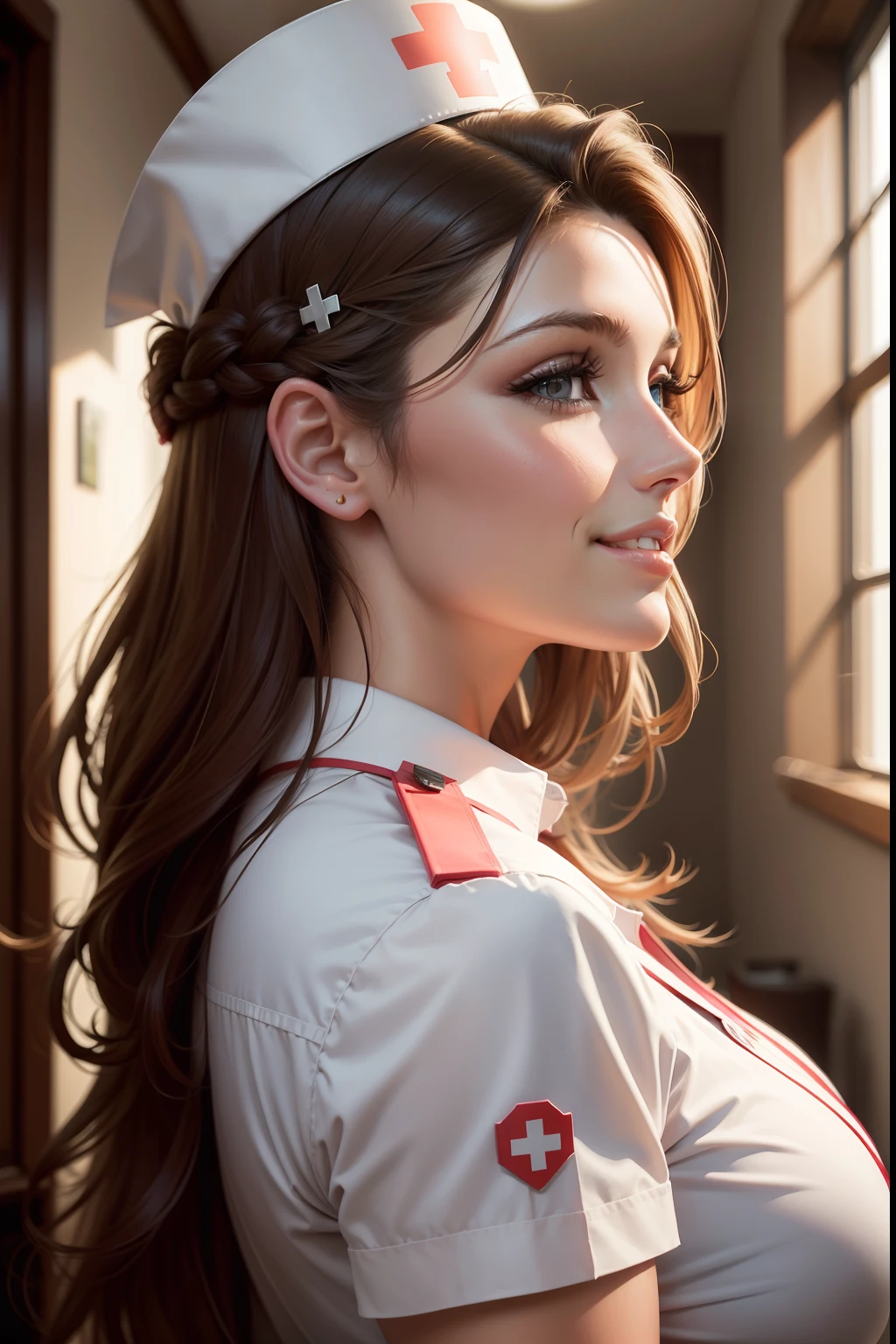 lucy pinder, portrait, profile, nurse, smiling